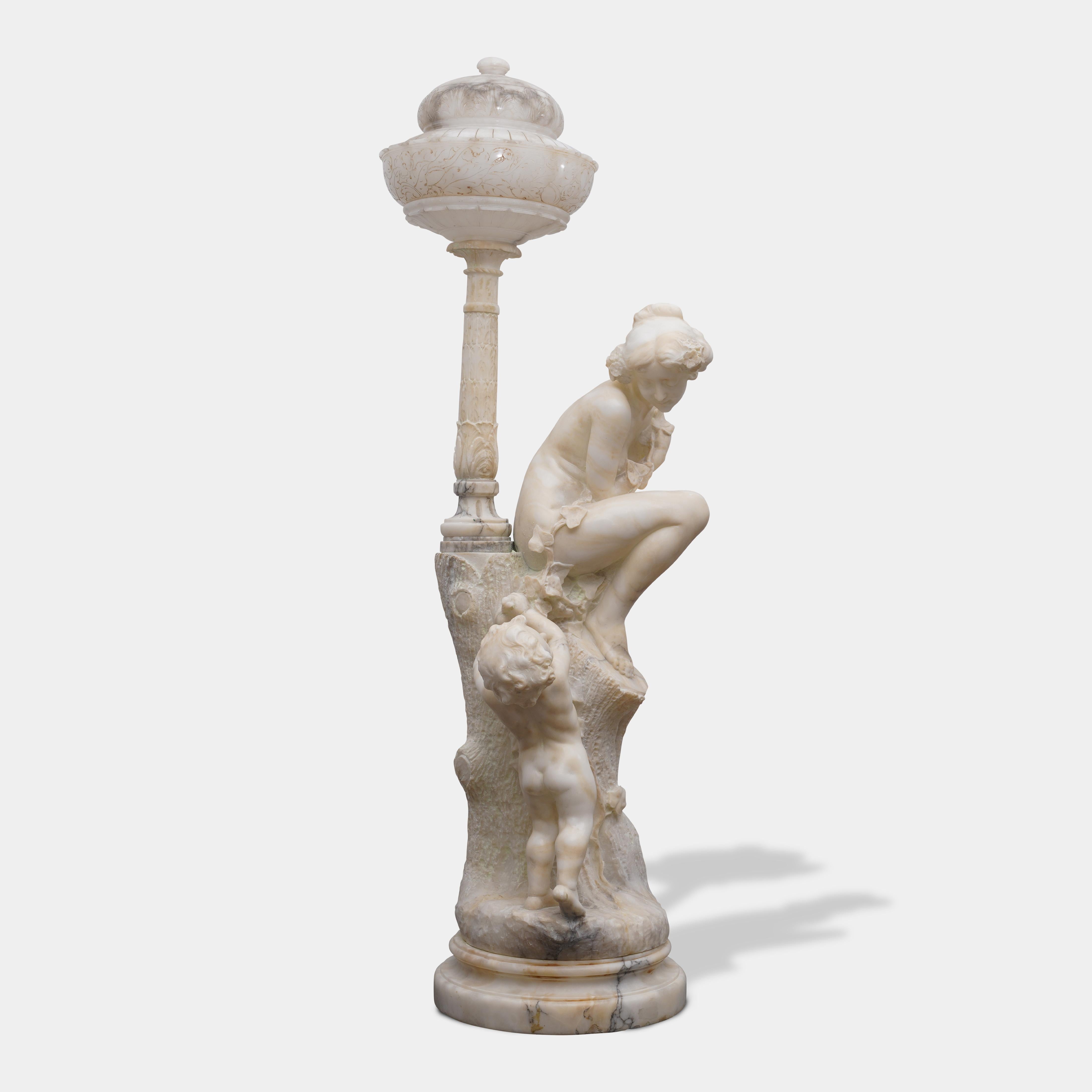 Pair of Antique Italian Carved Alabaster Figural Lamps Venus & Cupid In Good Condition For Sale In Los Angeles, CA