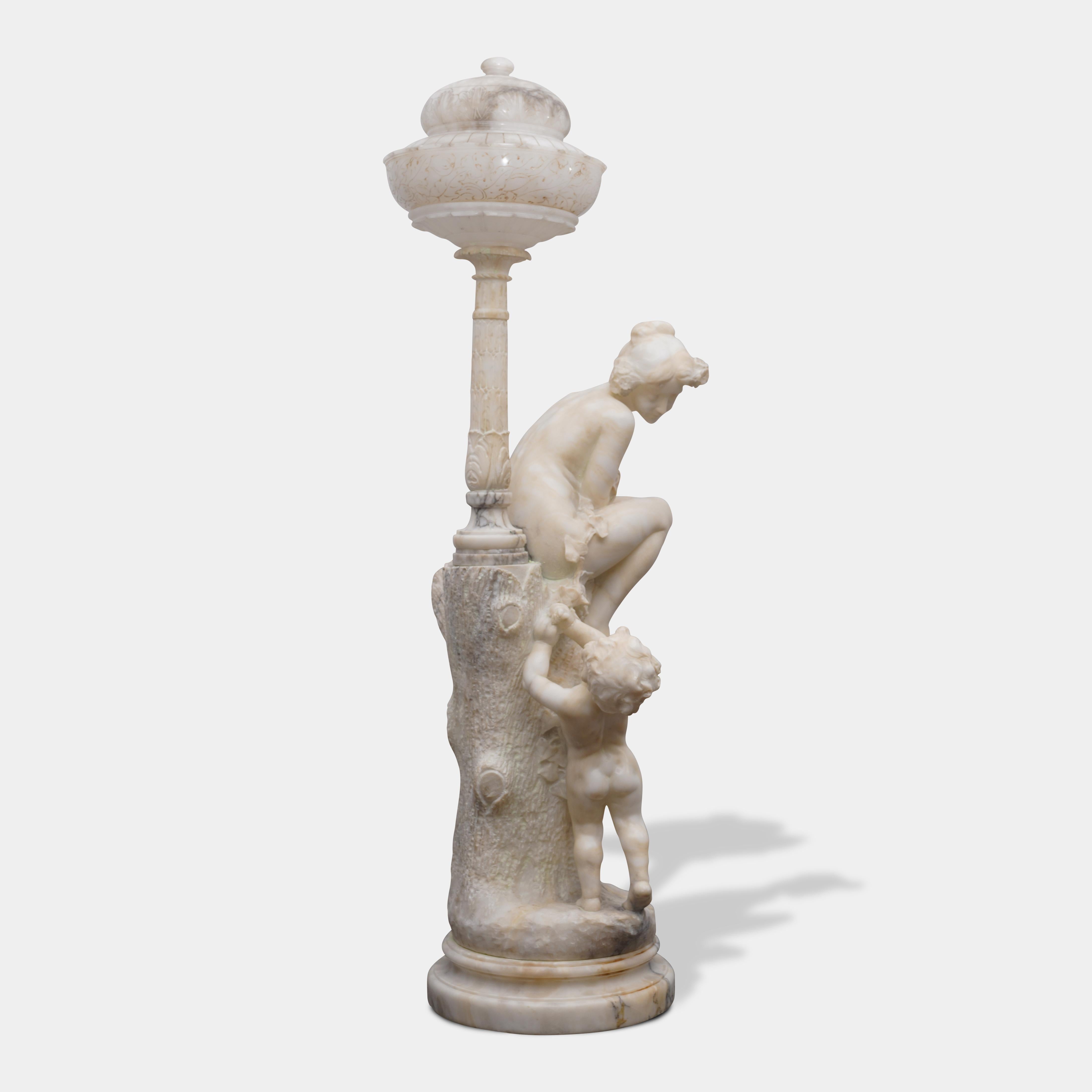 20th Century Pair of Antique Italian Carved Alabaster Figural Lamps Venus & Cupid For Sale