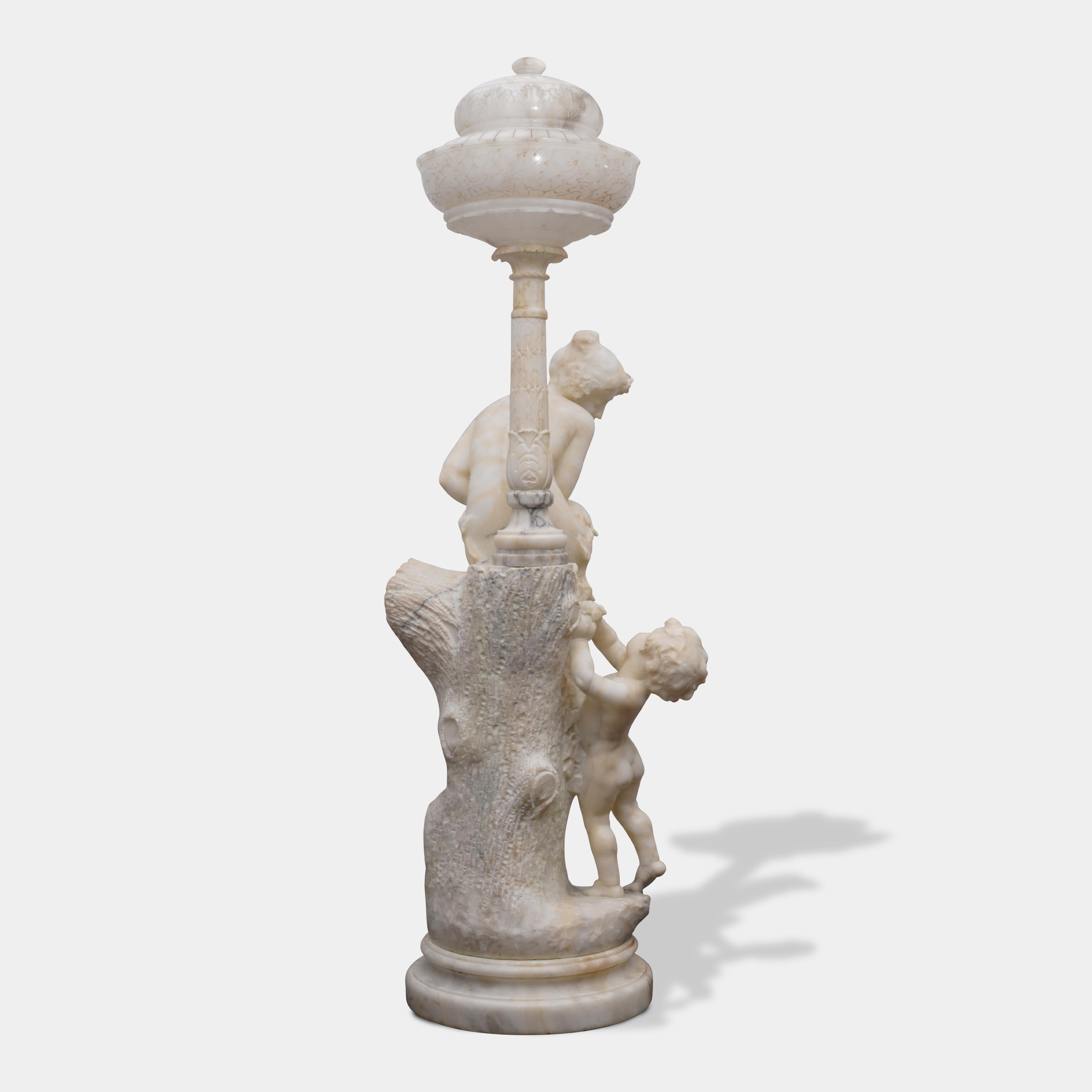 Pair of Antique Italian Carved Alabaster Figural Lamps Venus & Cupid For Sale 1