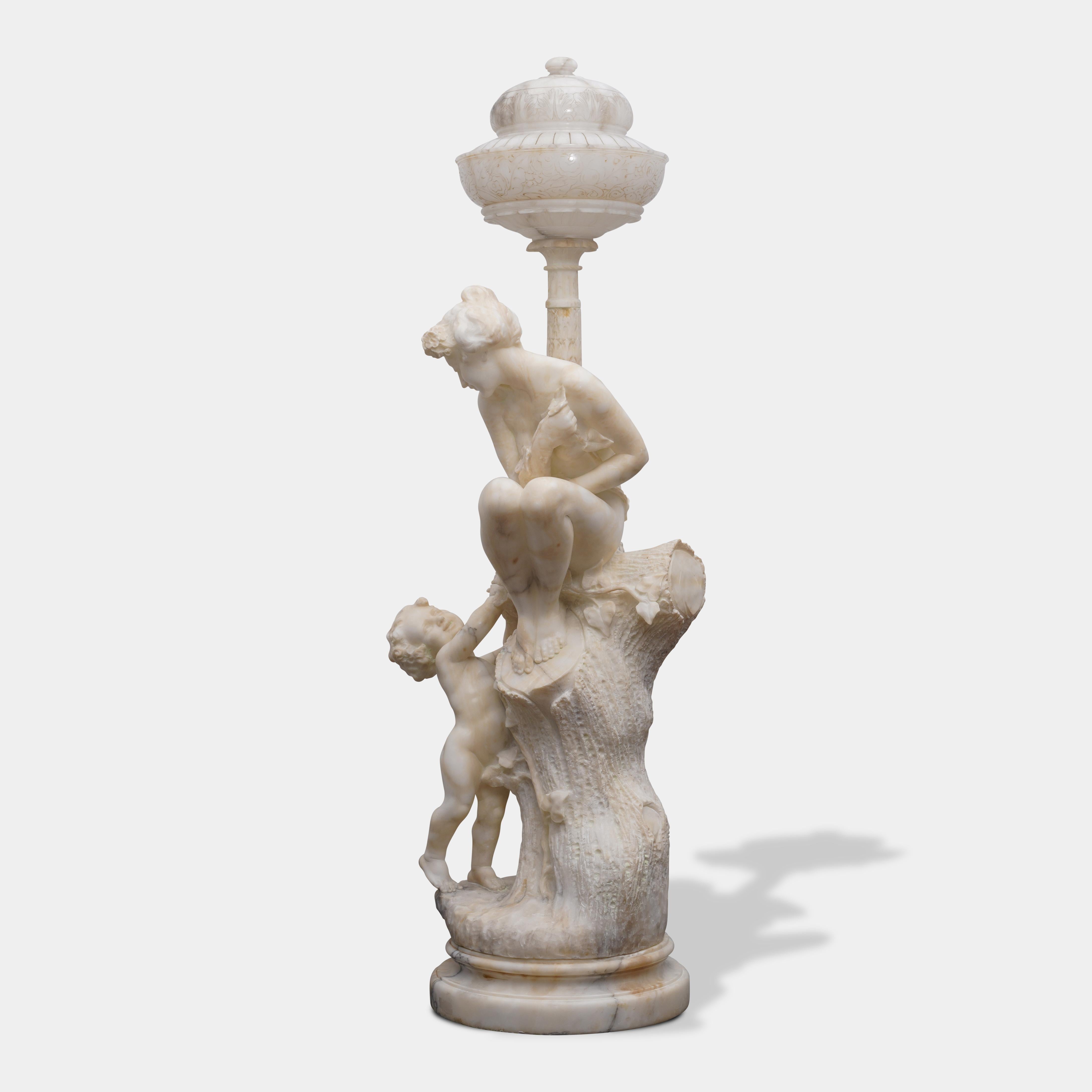 Pair of Antique Italian Carved Alabaster Figural Lamps Venus & Cupid For Sale 5