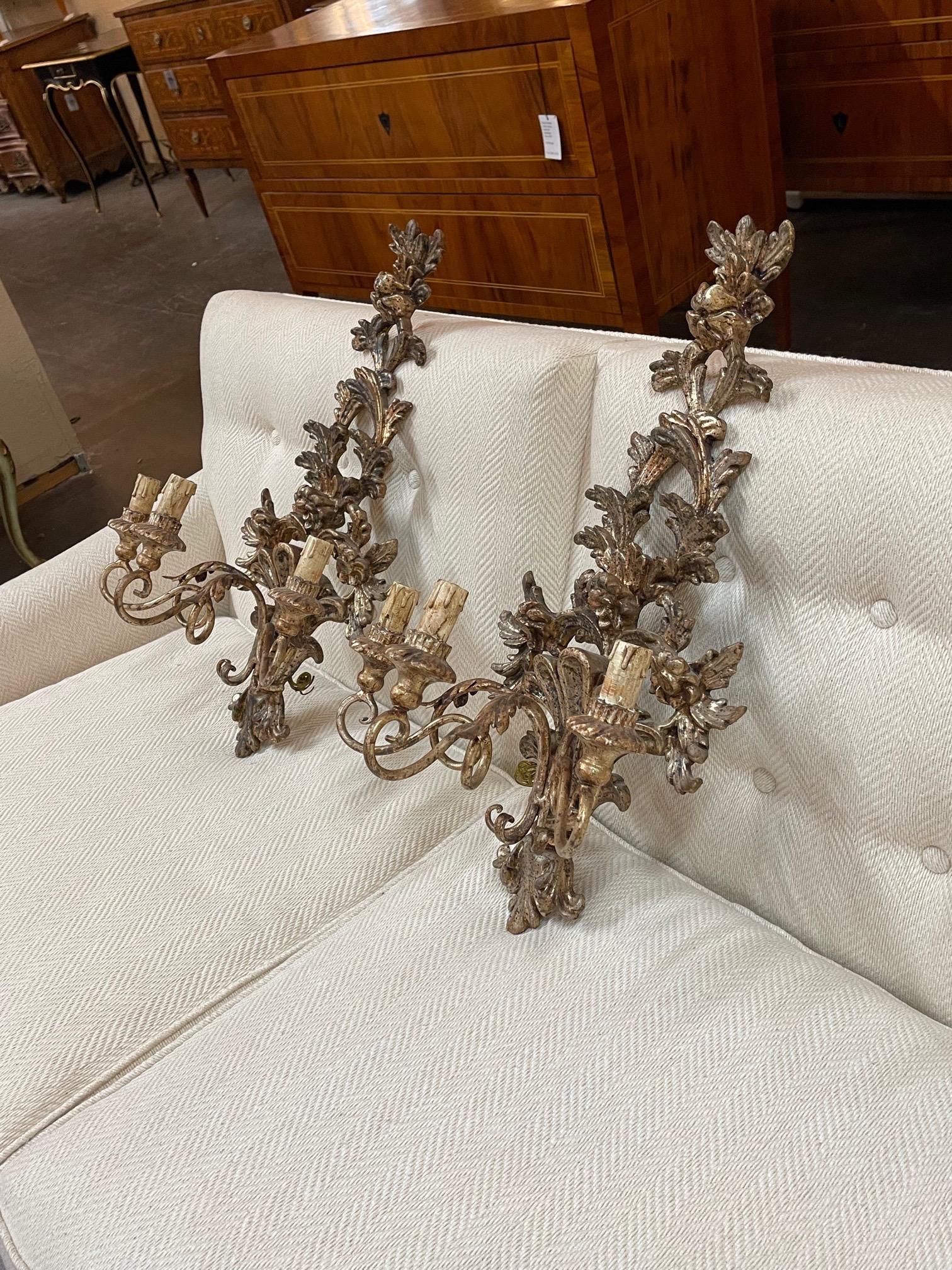 Pair of Antique Italian Carved and Polychromed Wood 3 Arm Chandeliers For Sale 4