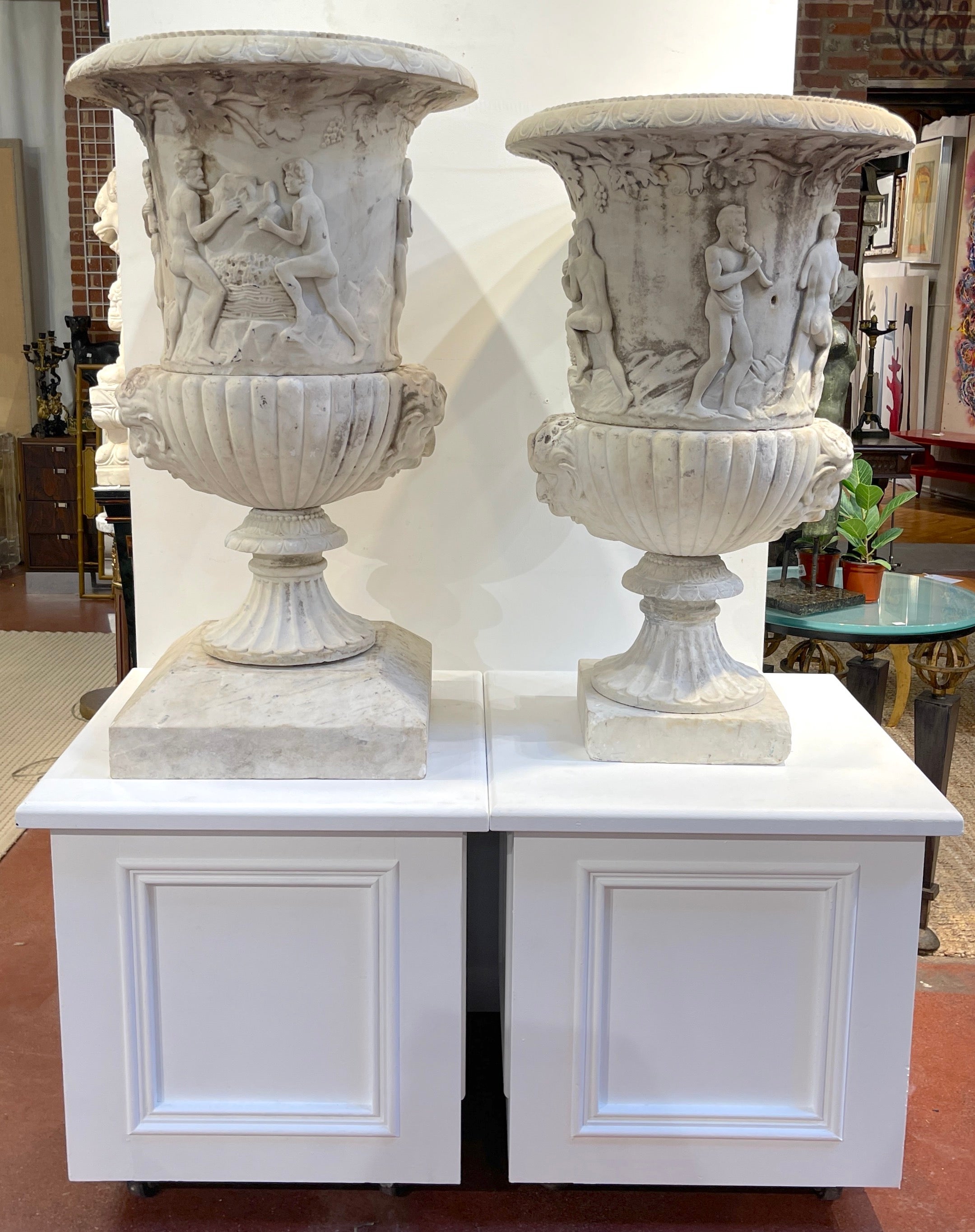 Classical Roman Pair of Antique Italian Carved Marble Bacchanalian Garden Urns, 19th C or Older For Sale