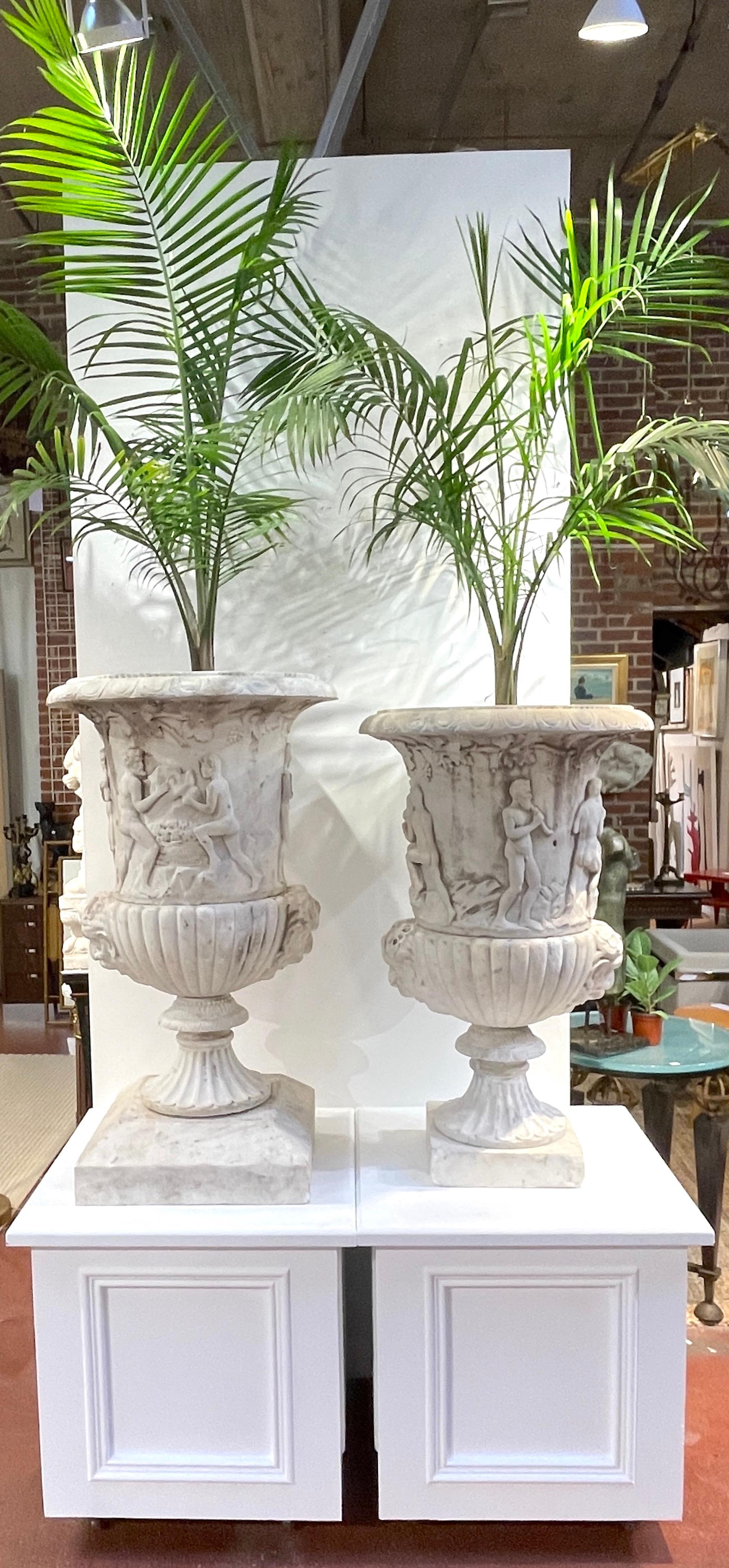 Pair of Antique Italian Carved Marble Bacchanalian Garden Urns, 19th C or Older In Good Condition For Sale In West Palm Beach, FL
