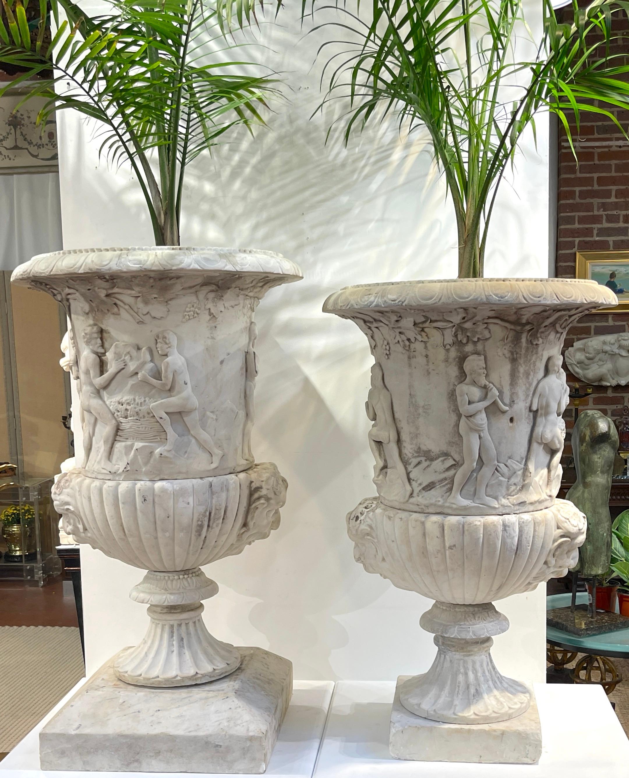 Pair of Antique Italian Carved Marble Bacchanalian Garden Urns, 19th C or Older For Sale 1