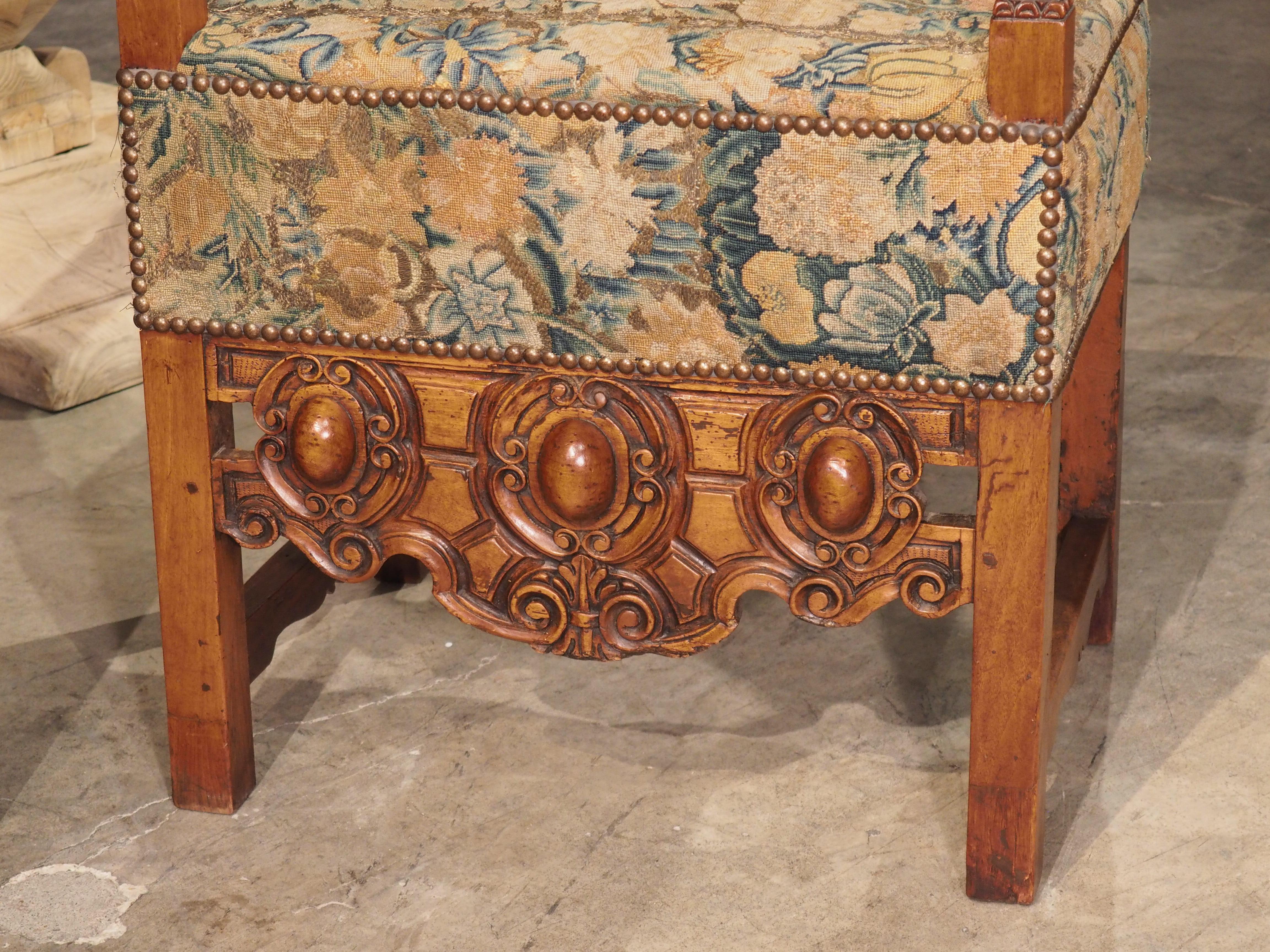 Baroque Pair of Antique Italian Carved Walnut Armchairs with Needlepoint Upholstery For Sale
