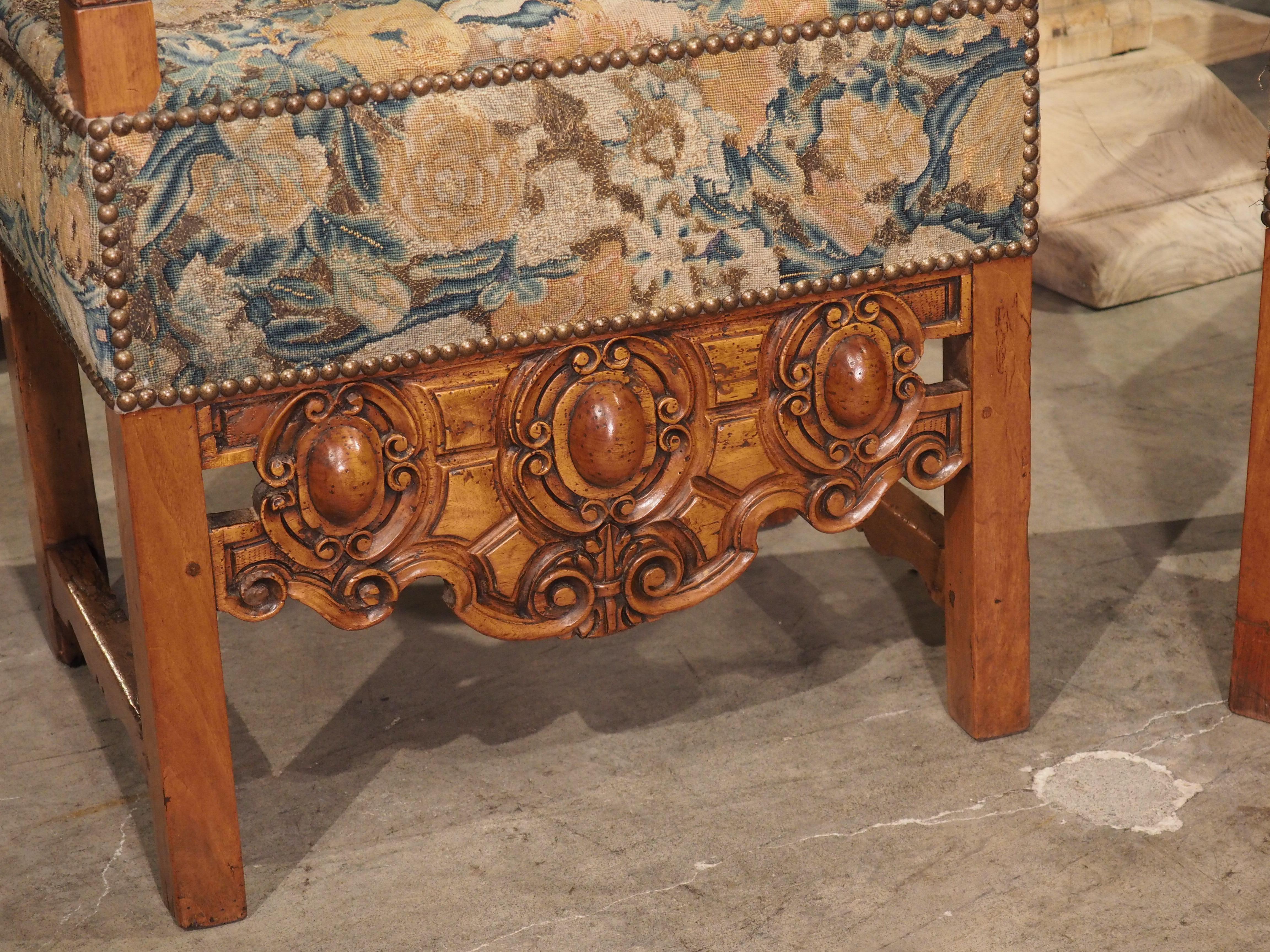 Hand-Carved Pair of Antique Italian Carved Walnut Armchairs with Needlepoint Upholstery For Sale