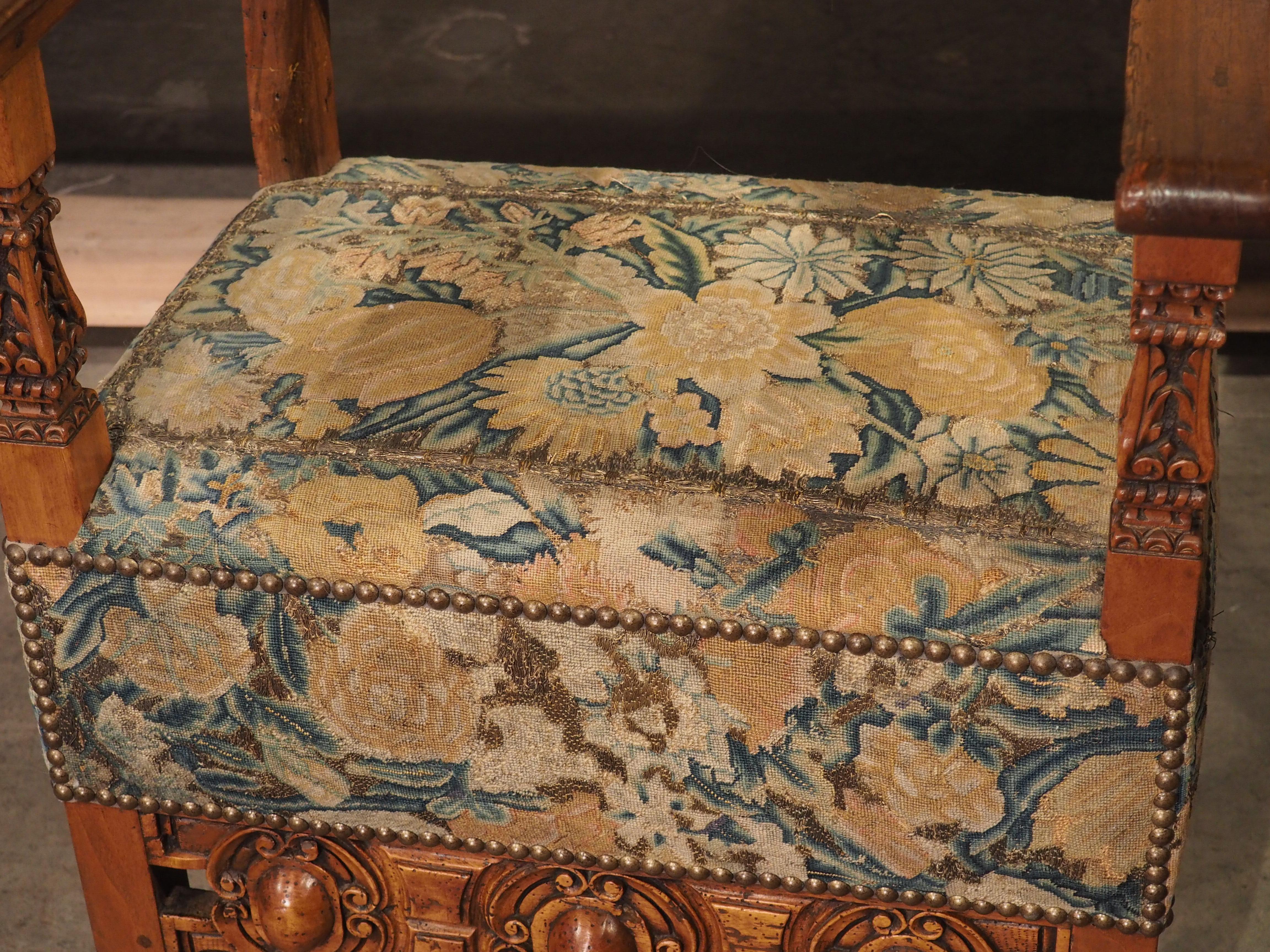 18th Century and Earlier Pair of Antique Italian Carved Walnut Armchairs with Needlepoint Upholstery For Sale