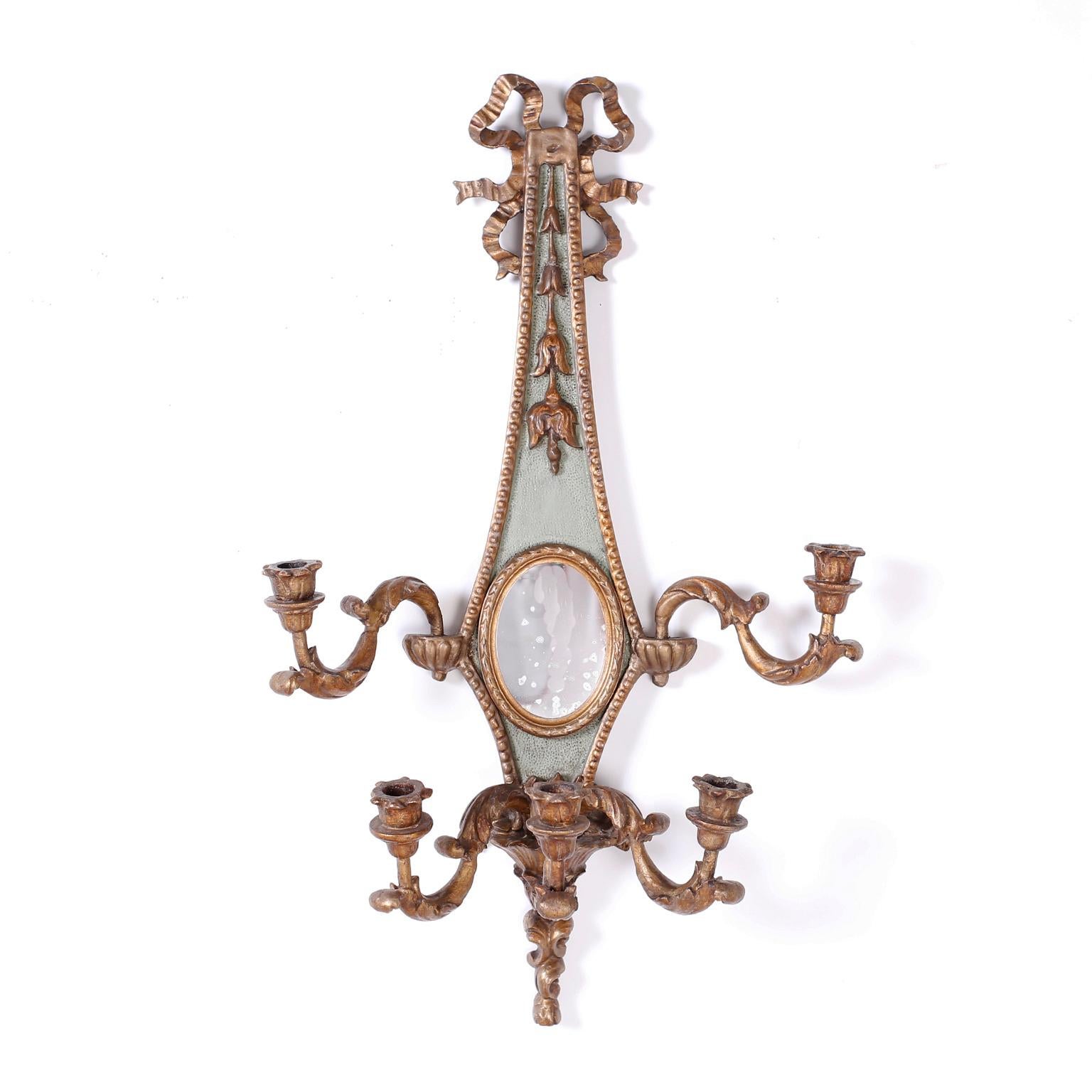 Neoclassical Pair of Antique Italian Carved Wood Gilt and Painted Wall Sconces For Sale