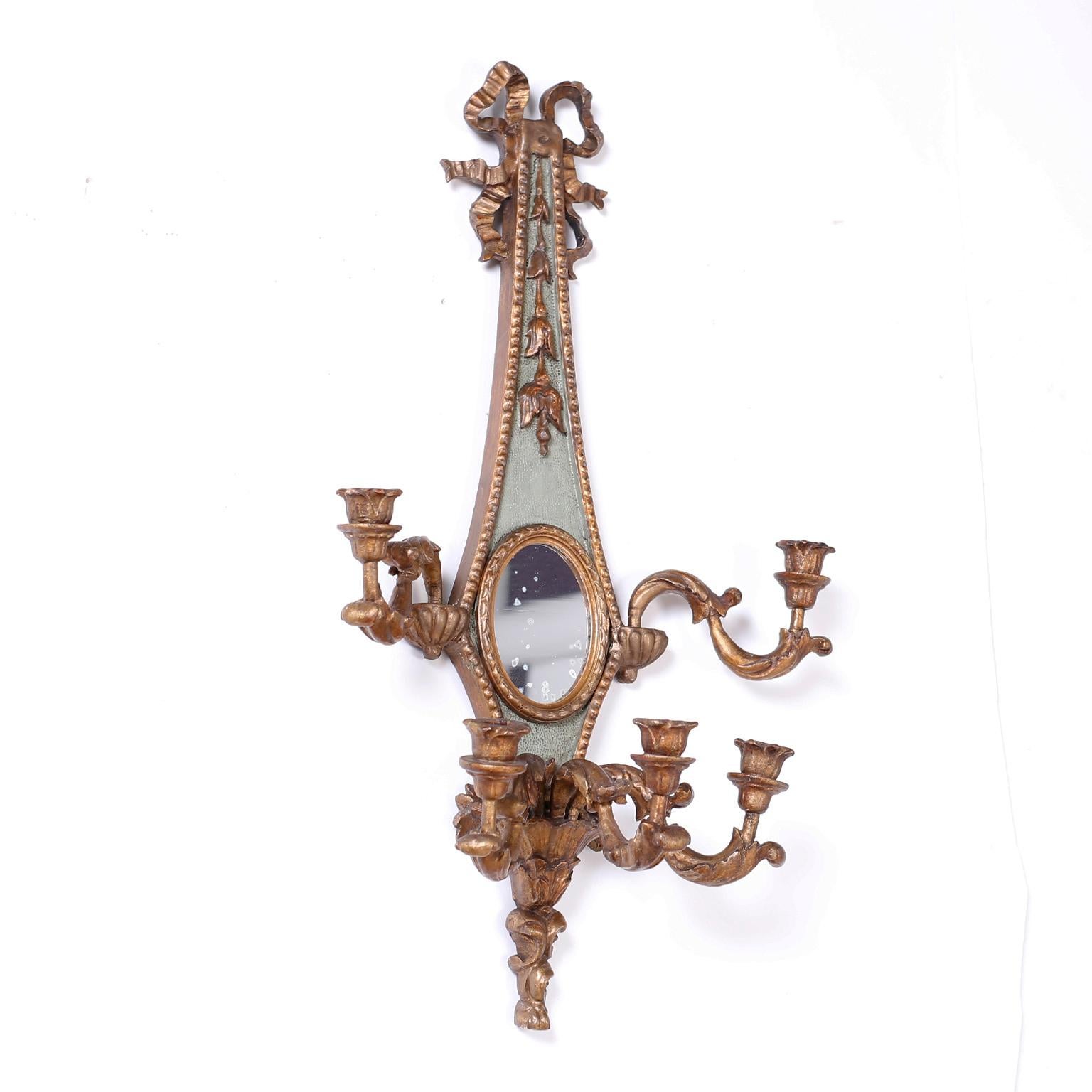 Hand-Carved Pair of Antique Italian Carved Wood Gilt and Painted Wall Sconces For Sale