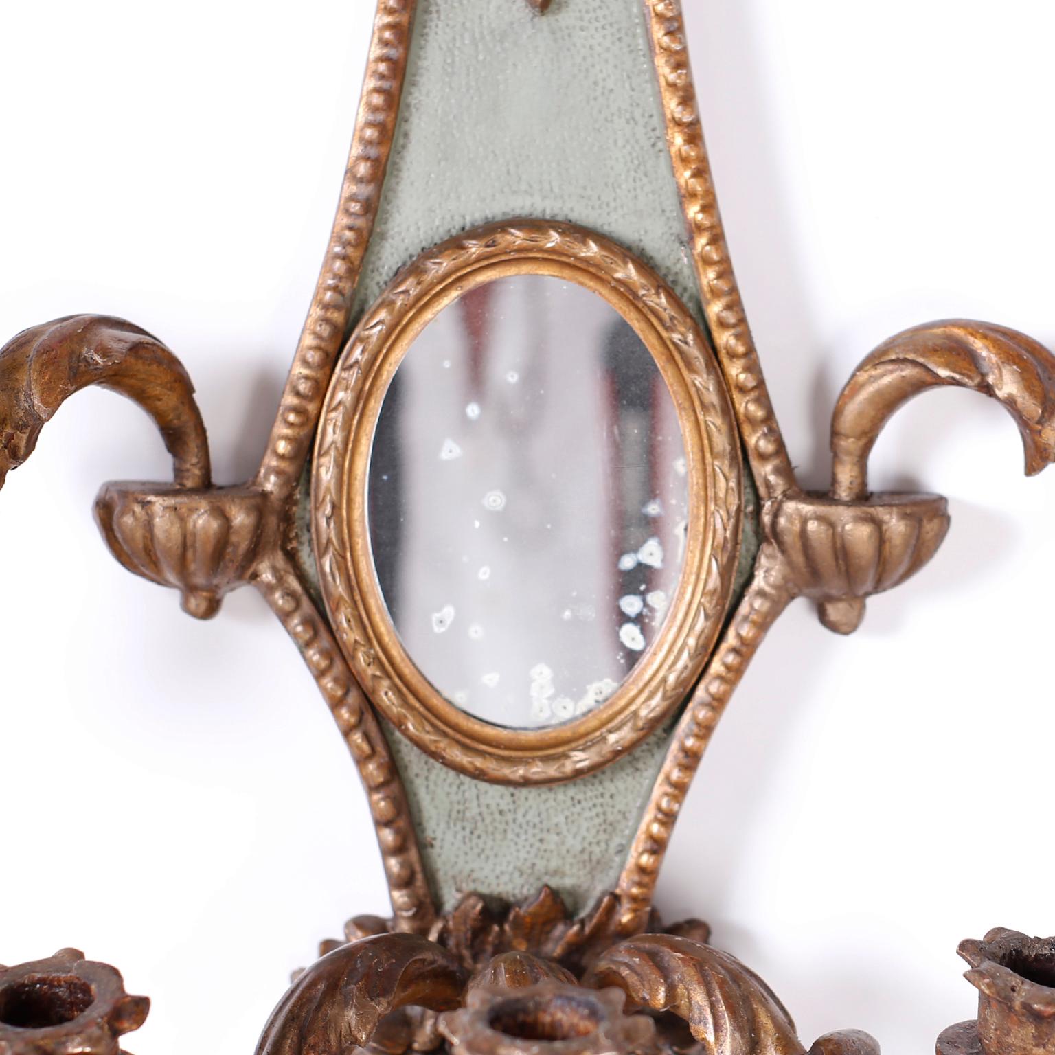 19th Century Pair of Antique Italian Carved Wood Gilt and Painted Wall Sconces For Sale