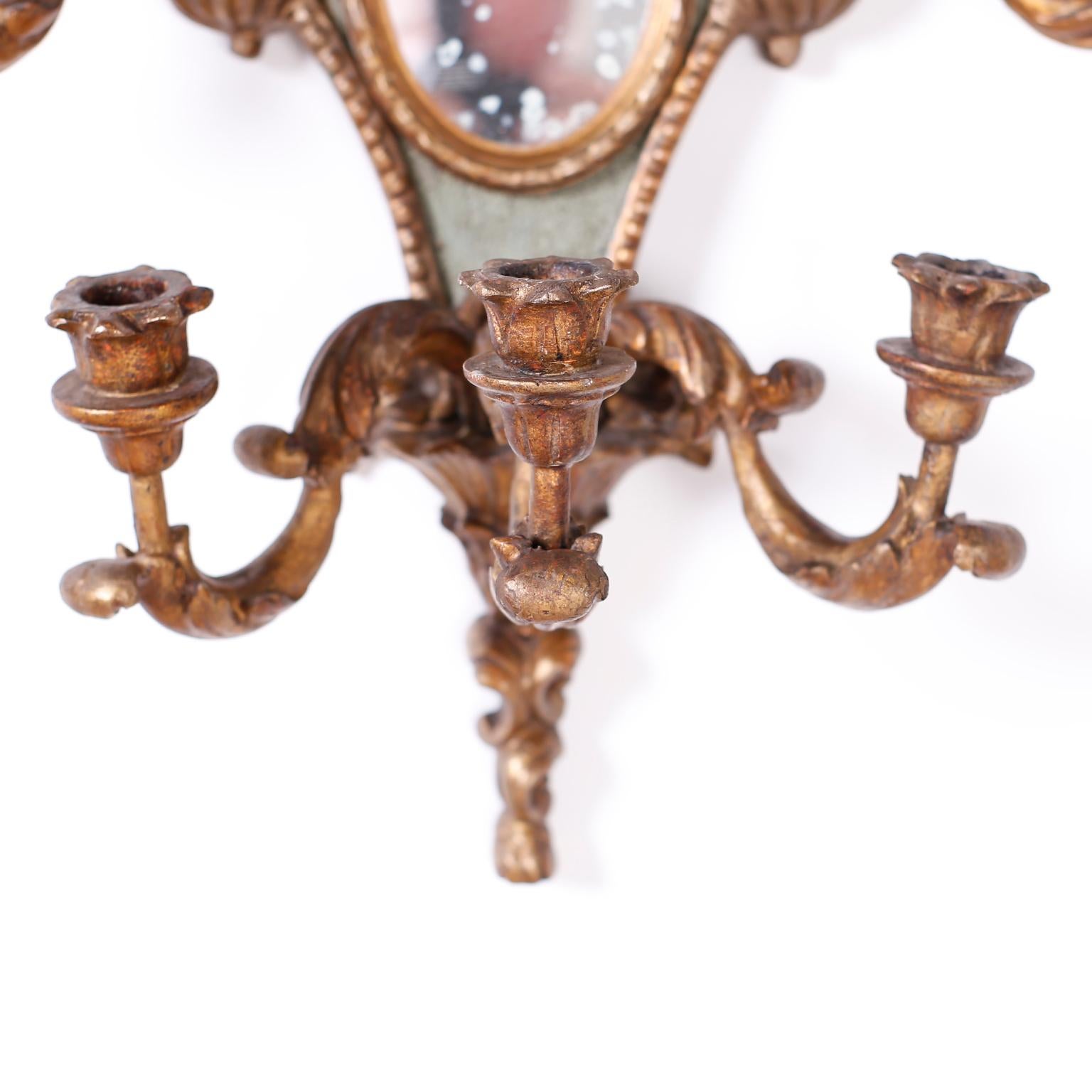 Pair of Antique Italian Carved Wood Gilt and Painted Wall Sconces For Sale 2