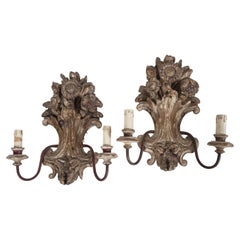 Pair of Antique Italian Carved Wood Sconces, Early 20th Century