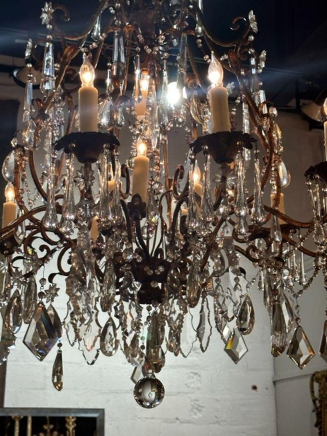 20th Century Pair of Antique Italian Crystal and Amethyst 14 Light Chandeliers For Sale