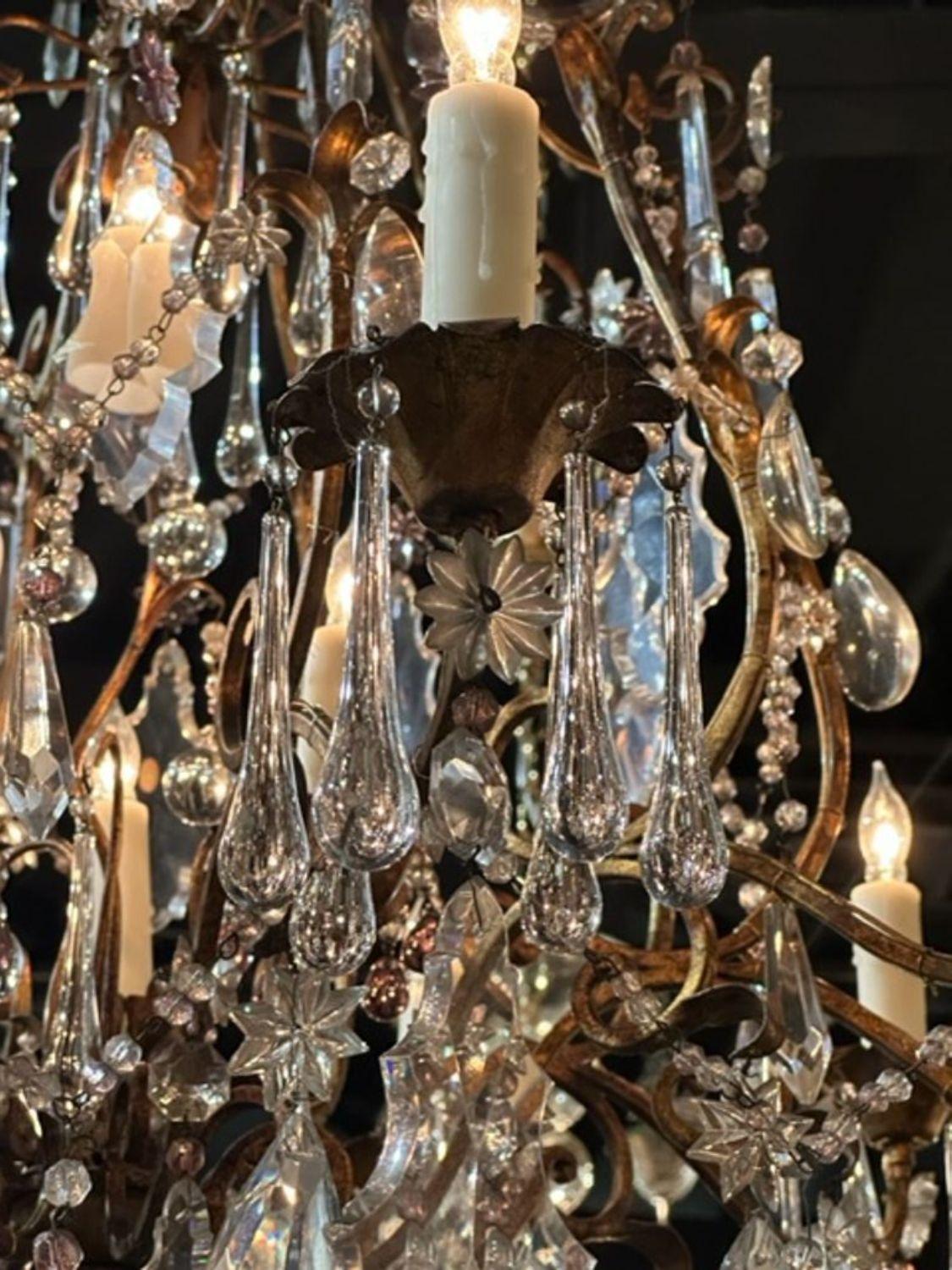 Metal Pair of Antique Italian Crystal and Amethyst 14 Light Chandeliers For Sale