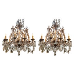 Pair of Antique Italian Crystal and Amethyst 14 Light Chandeliers