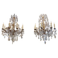 Pair of Antique Italian Crystal and Wood 8 Light Chandeliers