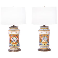 Pair of Antique Italian Decorated and Glazed Terracotta Vases Now Lamps
