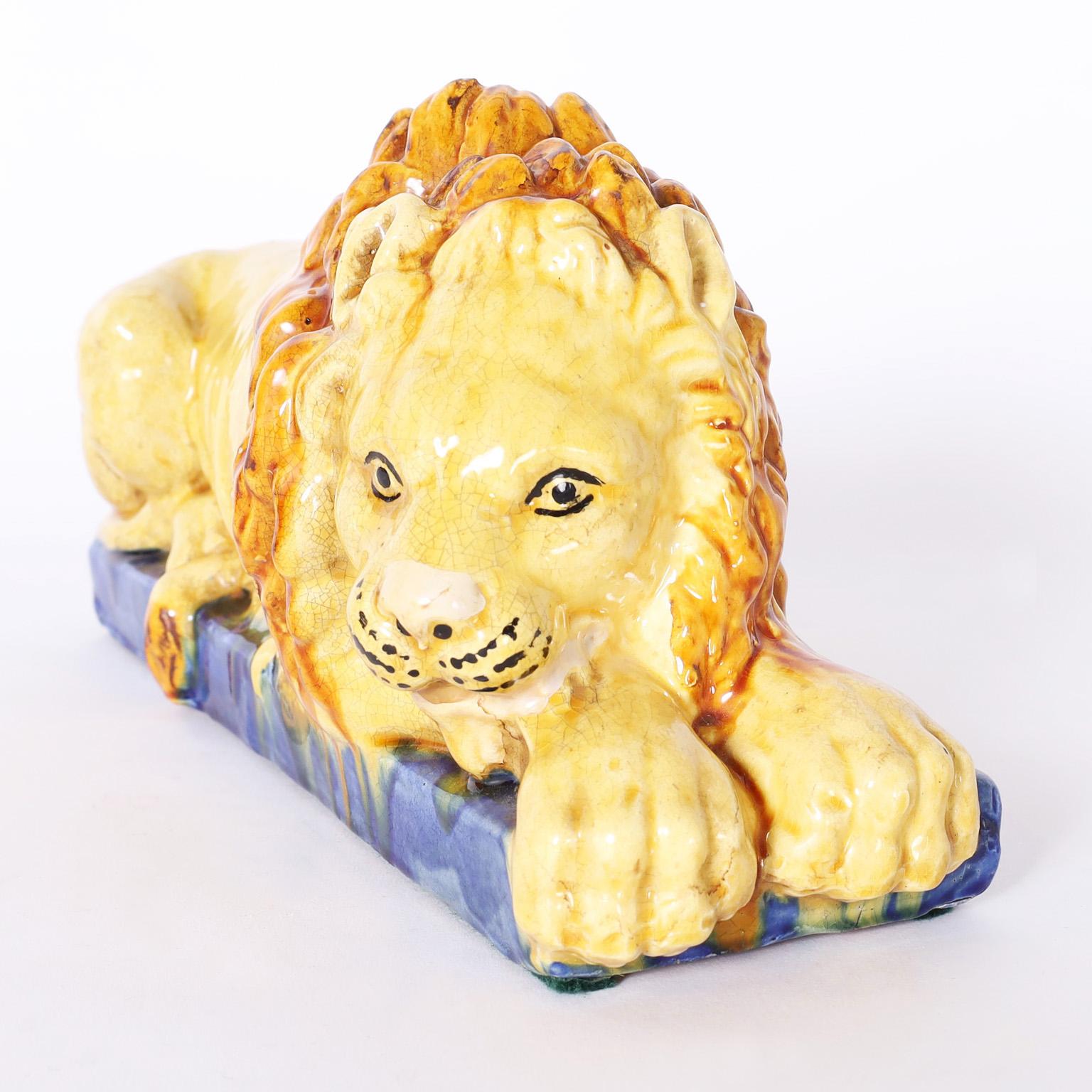 Pair of Antique Italian Earthenware Lions For Sale 2