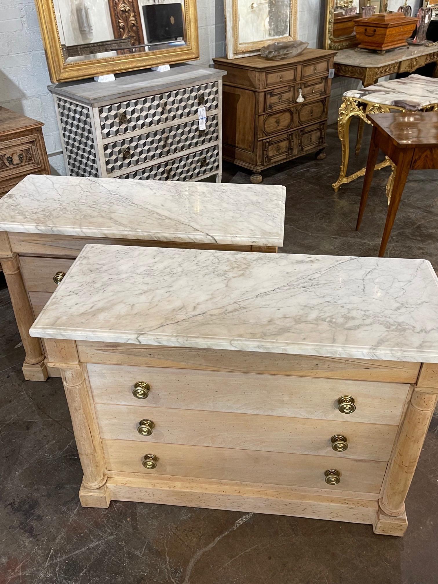 Pair of Antique Italian Empire Style Bleached Commodes with Carrara Marble In Good Condition In Dallas, TX