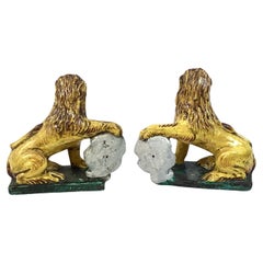 Pair Of Antique Italian Faience Lions With Armorial Shields