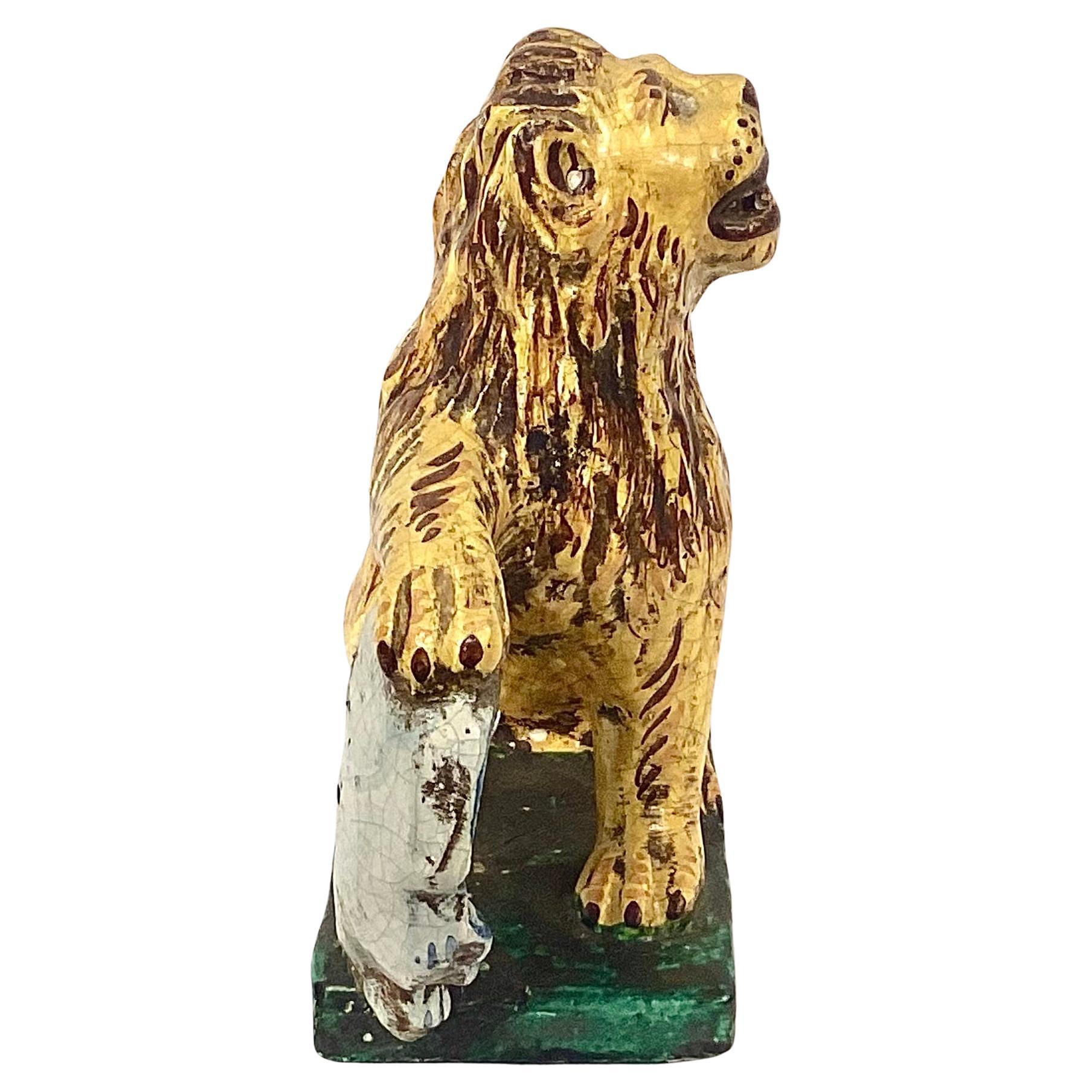 Pareja De Leones Antiguos De Loza Italiana Con Escudos De Armas Italiano en venta