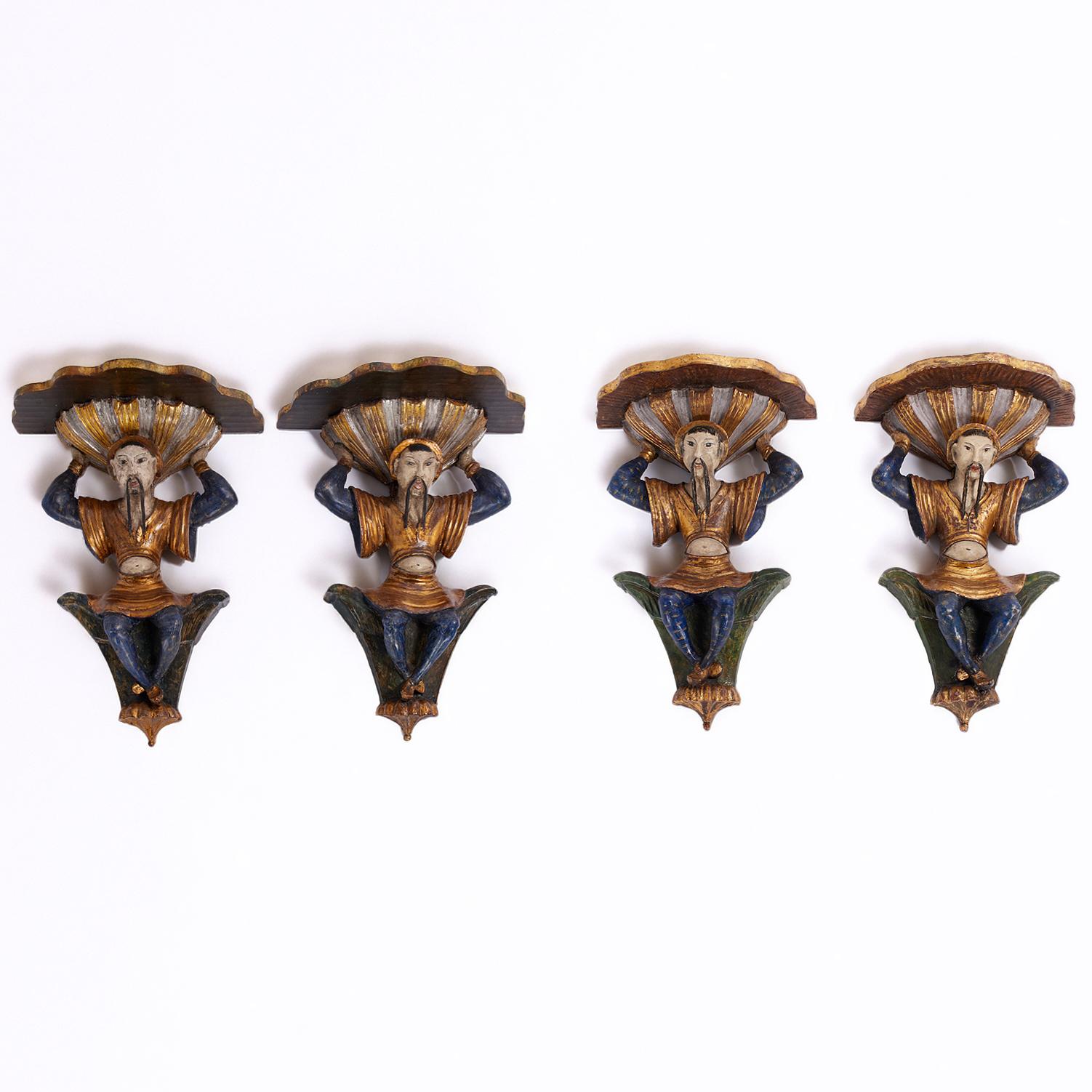 Pair of Antique Italian Figural Chinoiserie Wall Brackets or Shelves For Sale 3