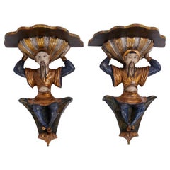 Pair of Antique Italian Figural Chinoiserie Wall Brackets or Shelves