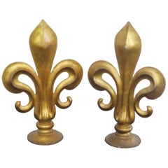 Pair of Large Antique Italian Gilt Fleur De Lis Sculptures Finials Architectural