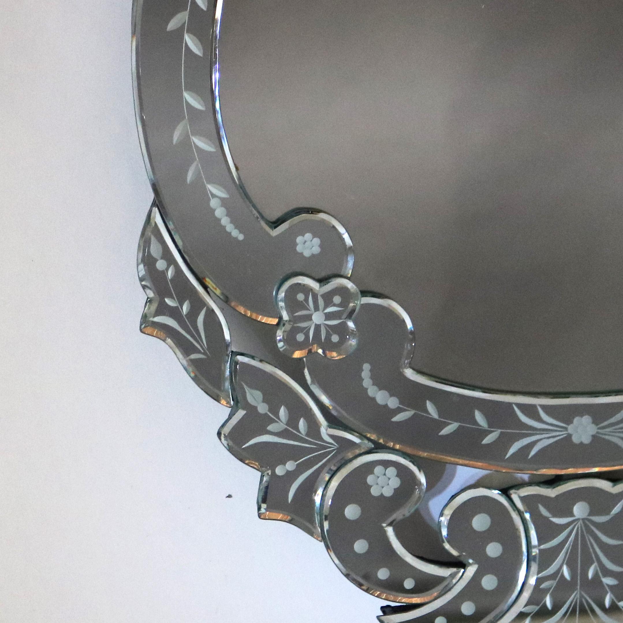 Pair of Antique Italian Foliate Etched Glass Shield Form Venetian Mirrors 20thC 6