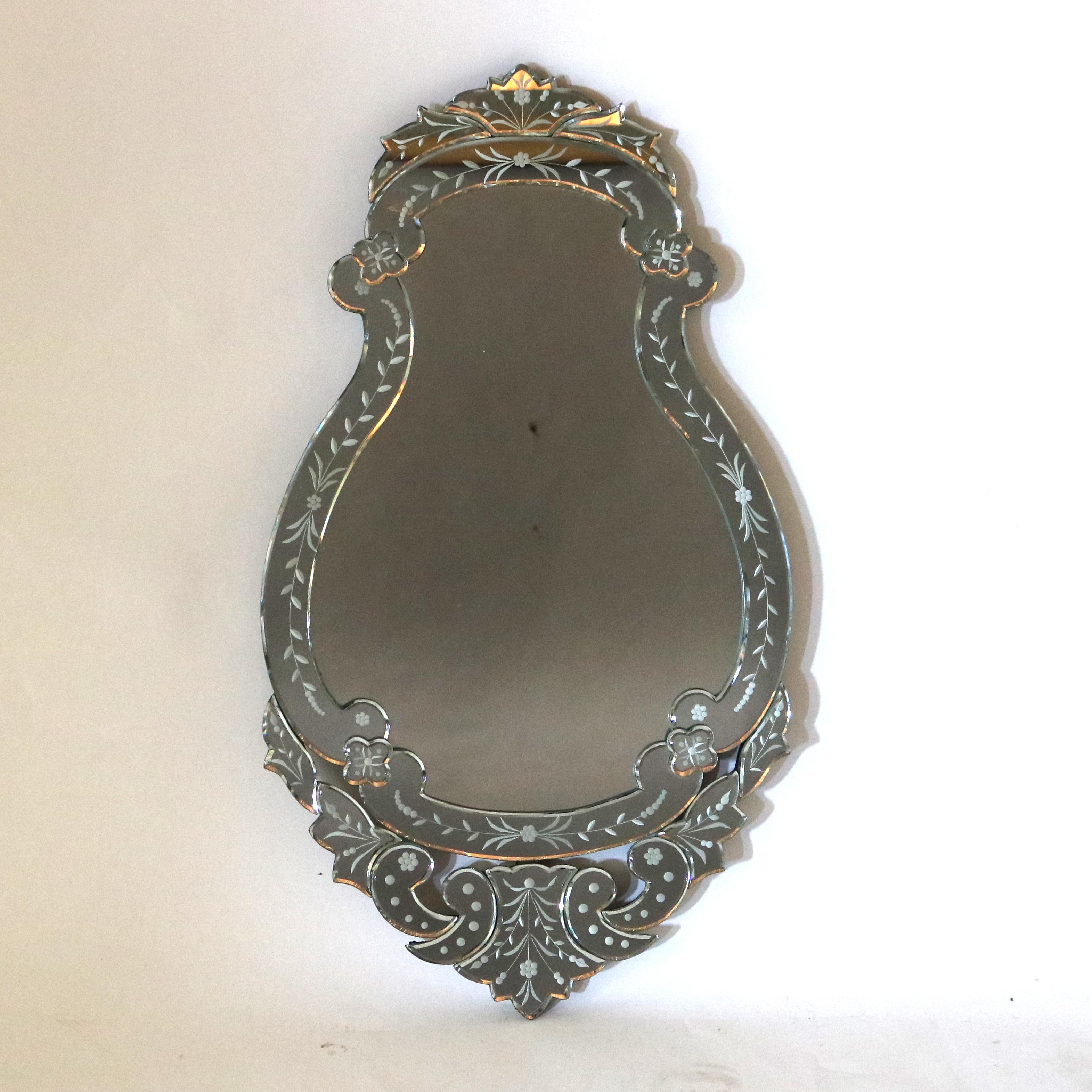 Pair of Antique Italian Foliate Etched Glass Shield Form Venetian Mirrors 20thC In Good Condition In Big Flats, NY