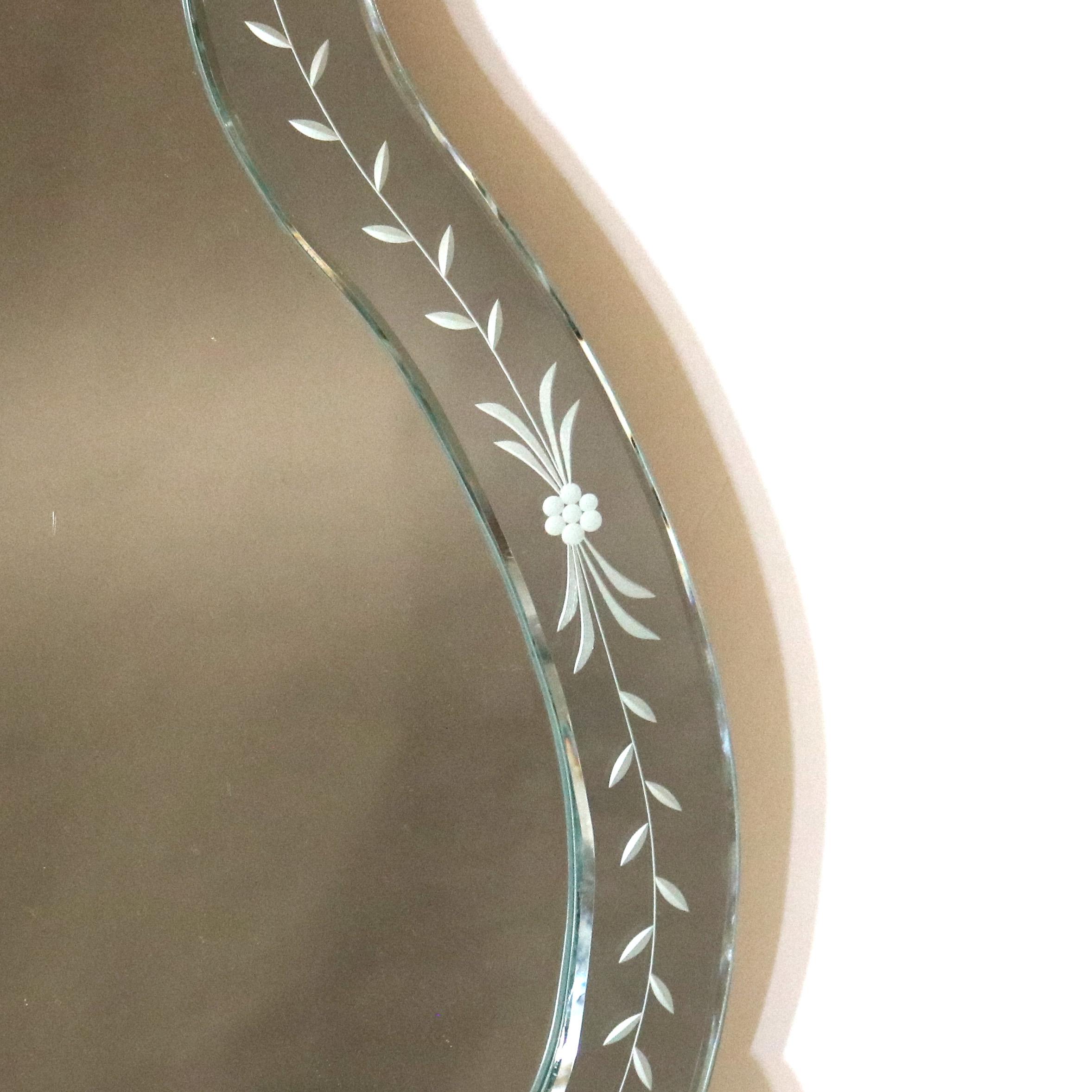 Pair of Antique Italian Foliate Etched Glass Shield Form Venetian Mirrors 20thC 1