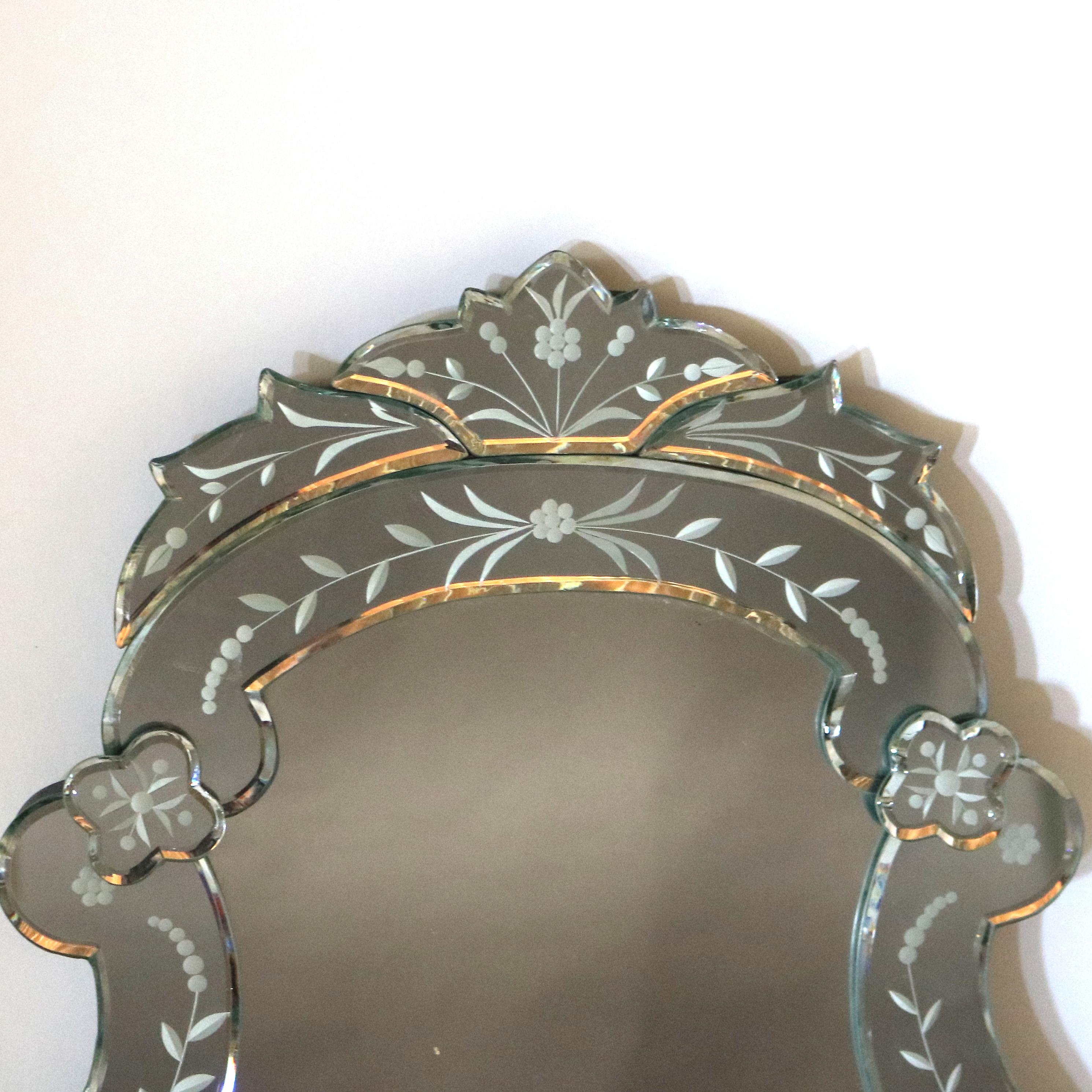 Pair of Antique Italian Foliate Etched Glass Shield Form Venetian Mirrors 20thC 3