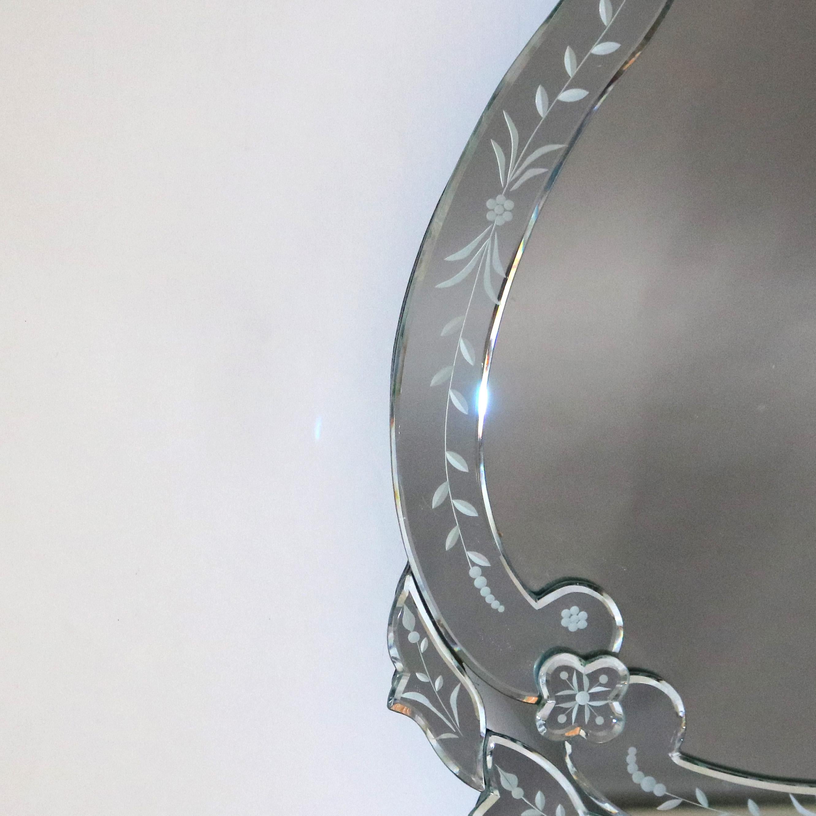 Pair of Antique Italian Foliate Etched Glass Shield Form Venetian Mirrors 20thC 5