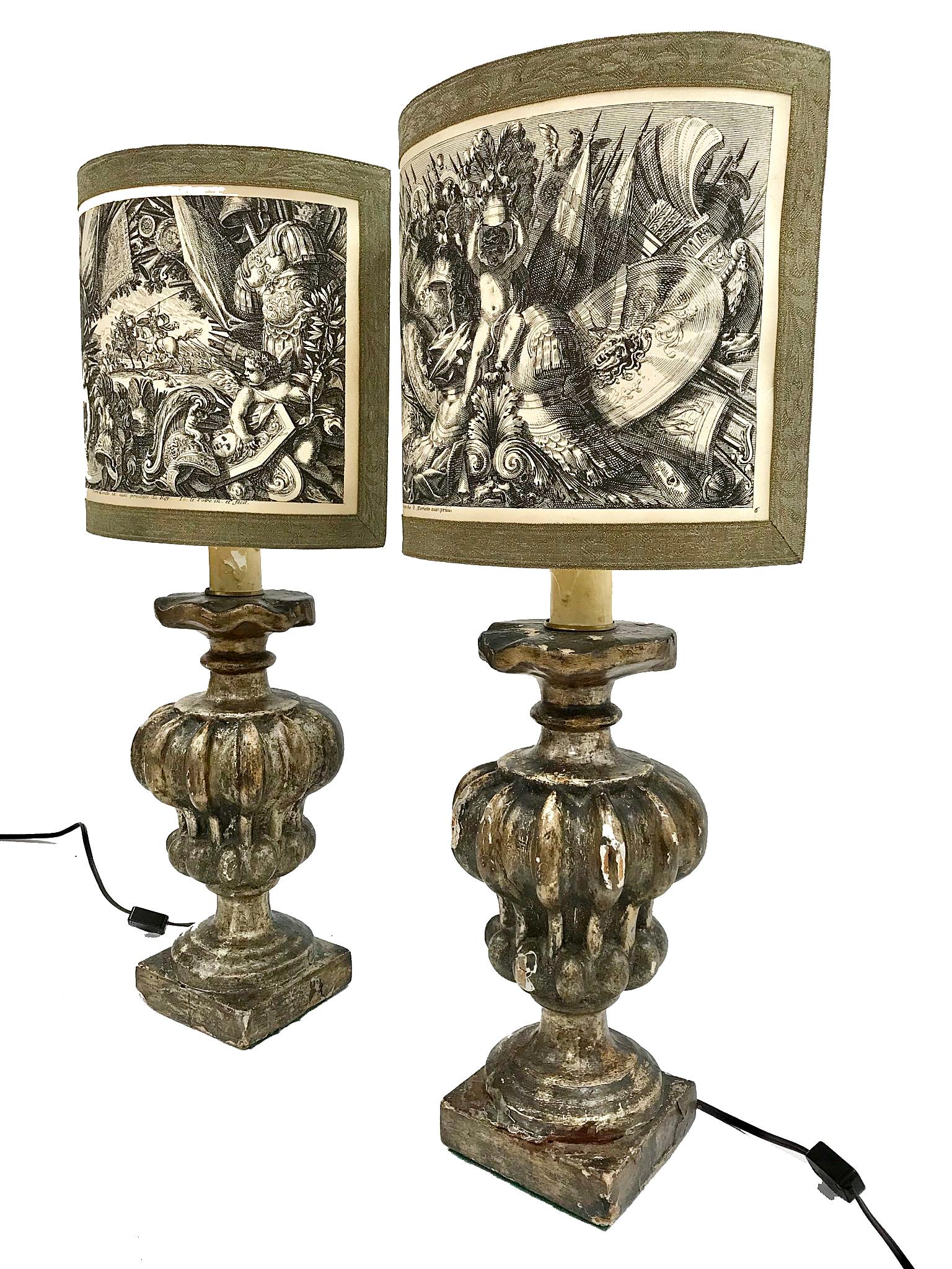 Pair of 19th-century Italian lamps with an Italian neoclassical shield shade. Scattered losses to wood and distressing. Purchased in Florence. 