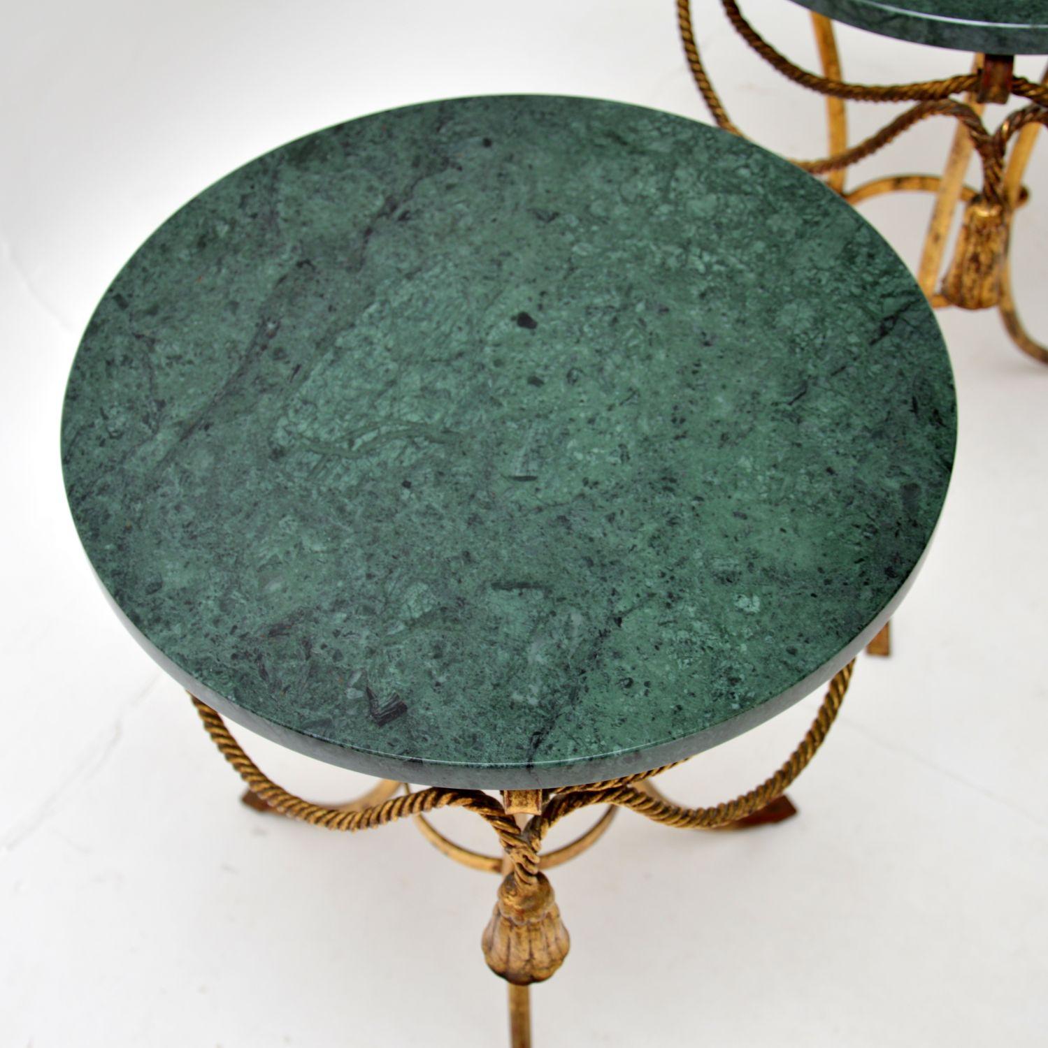Hollywood Regency Pair of Antique Italian Gilt Metal and Marble Side Tables For Sale