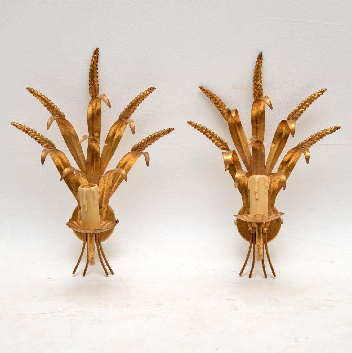 Pair of antique Italian single branch gilt metal wall lights with wheatsheaf and leaf design. They are in good original condition and I would date them to around the 1950s period.

Measures: Width 11 inches, 28 cm
Depth 6 inches, 16 cm
Height 16