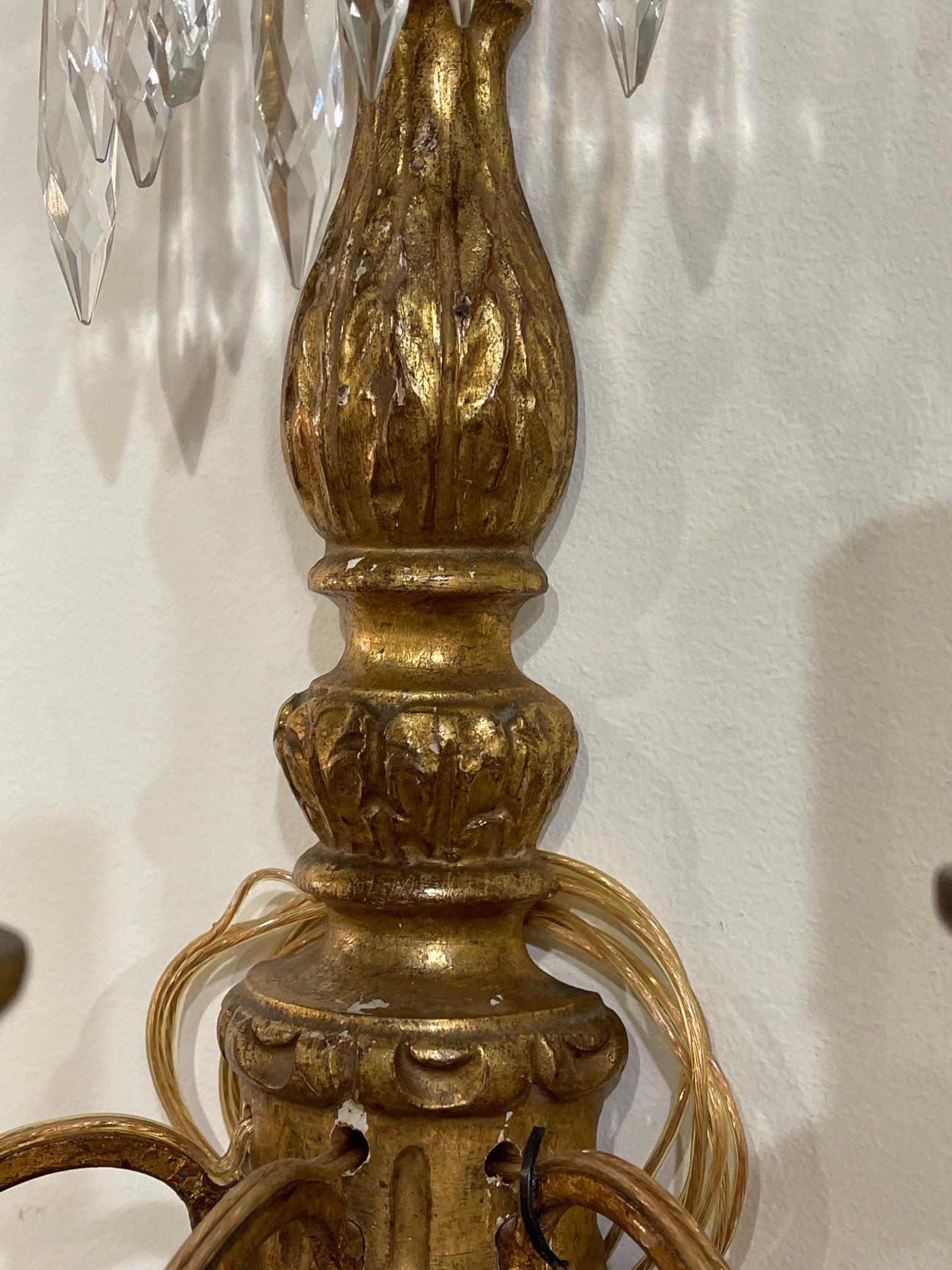 Pair of Antique Italian Giltwood and Crystal 3 Light Wall Sconces In Good Condition In Dallas, TX
