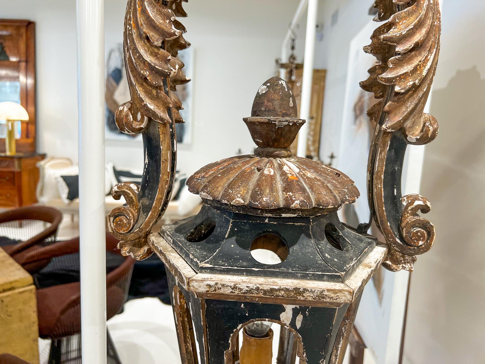 Pair of Antique Italian Gold Leaf and Black Lanterns 4