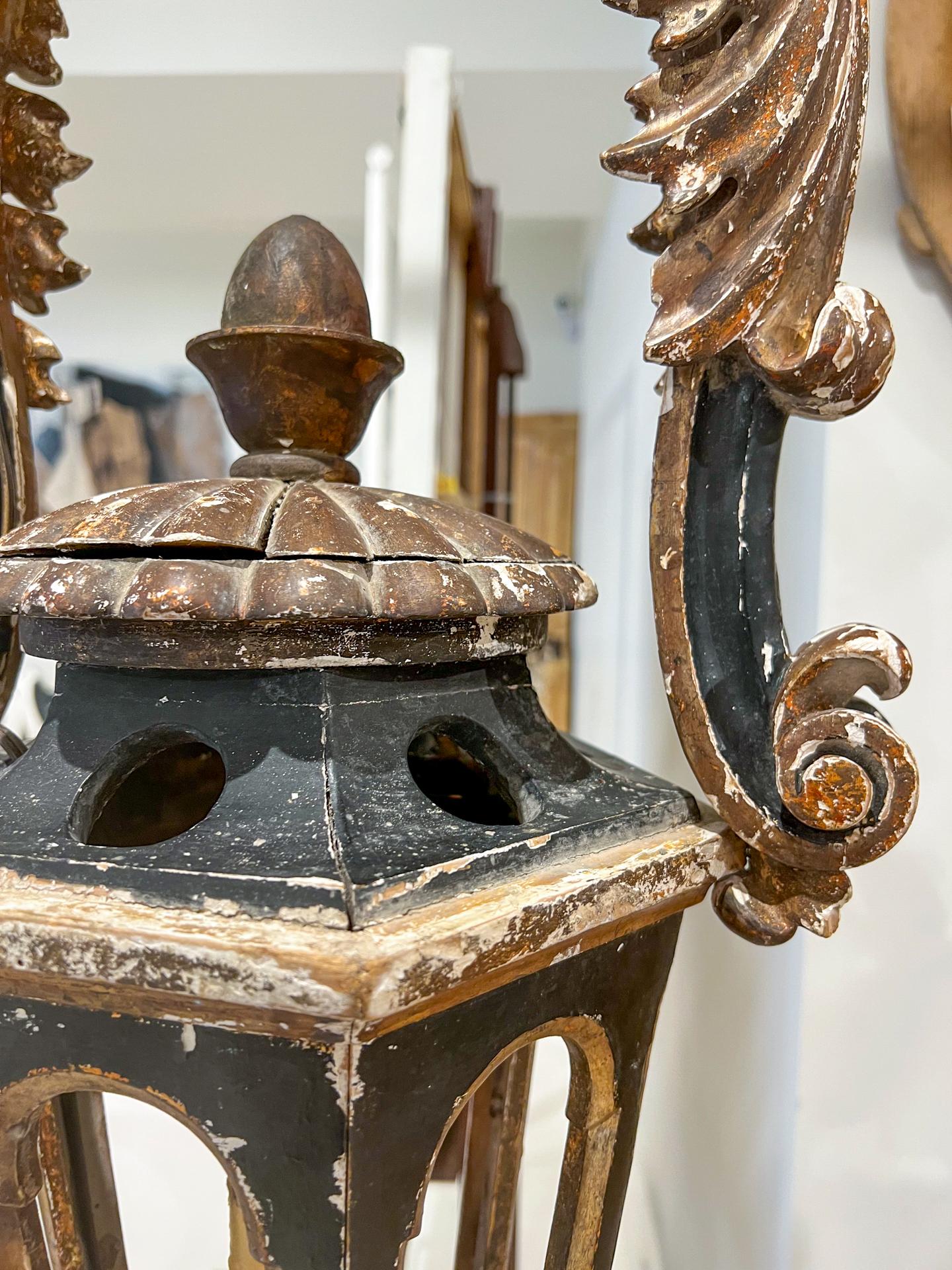 Paint Pair of Antique Italian Gold Leaf and Black Lanterns