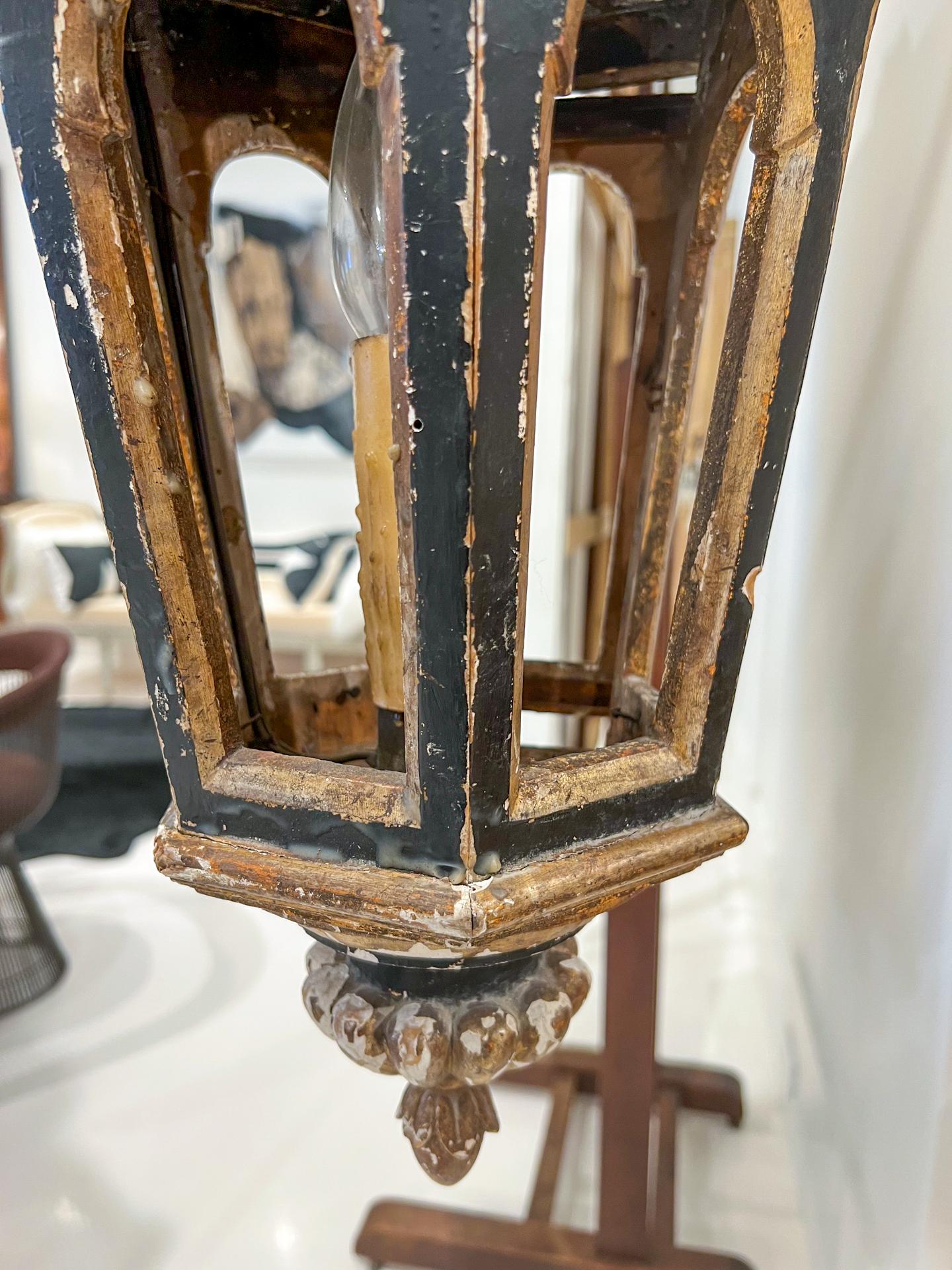 Pair of Antique Italian Gold Leaf and Black Lanterns 1