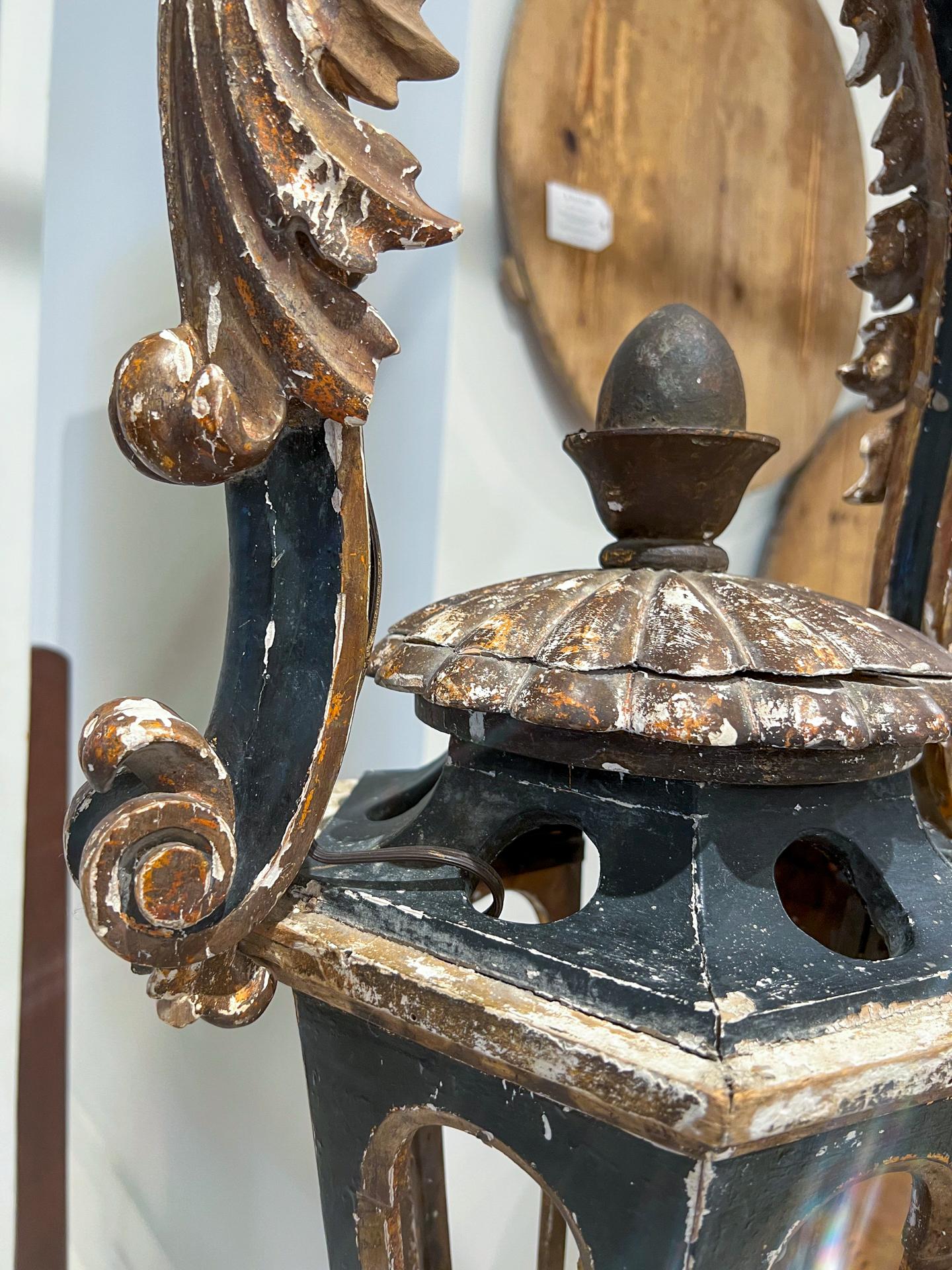Pair of Antique Italian Gold Leaf and Black Lanterns 2