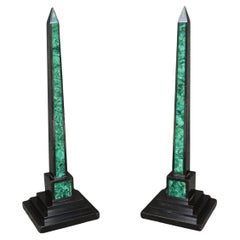 Pair of Antique Italian Grand Tour Style Marble and Malachite Obelisks