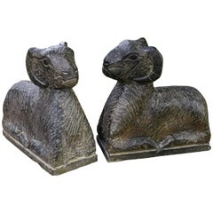 Pair of Antique Italian Hand-Carved Marble Ram Bookends, circa 1900