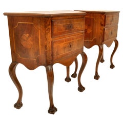 Pair of Antique Italian Inlaid Walnut Baroque Commodes Chests Stands Tables 1750