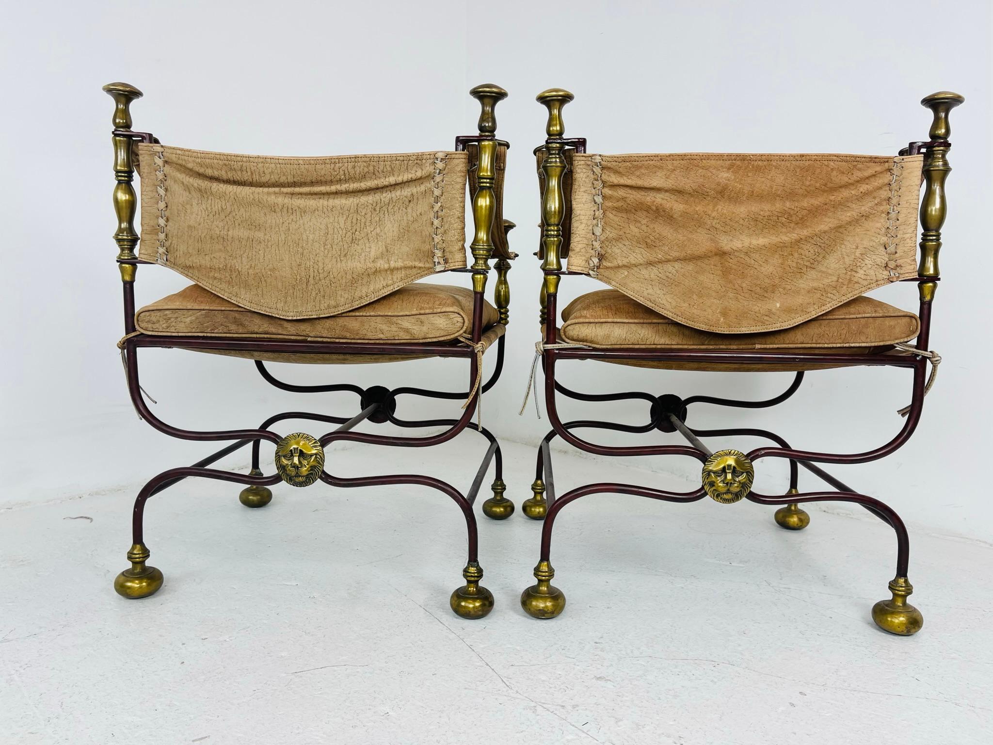 Pair of Antique Italian Leather and Iron Campaign Chairs For Sale 7