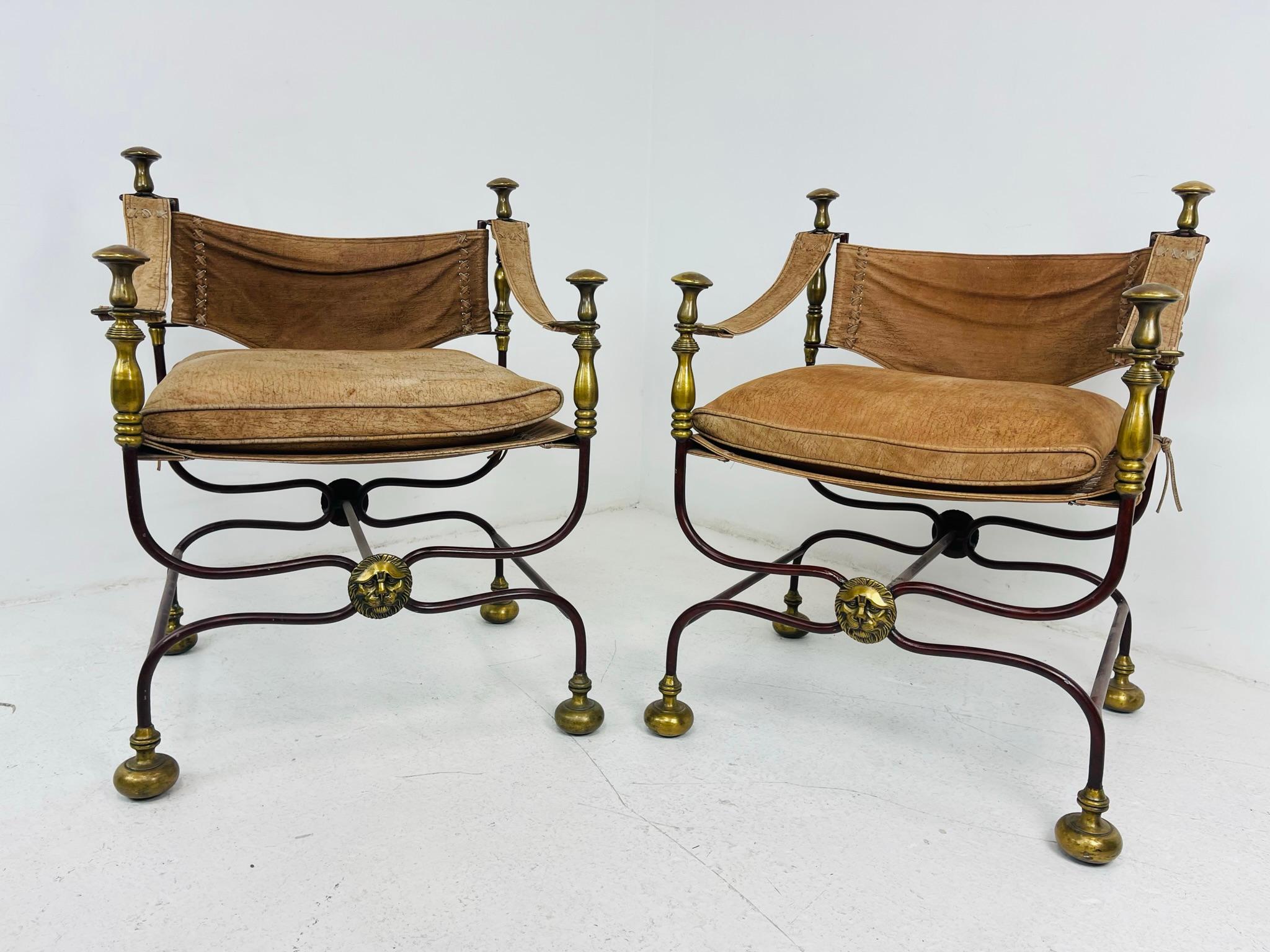 Pair of Antique Italian Leather and Iron Campaign Chairs In Good Condition For Sale In Dallas, TX