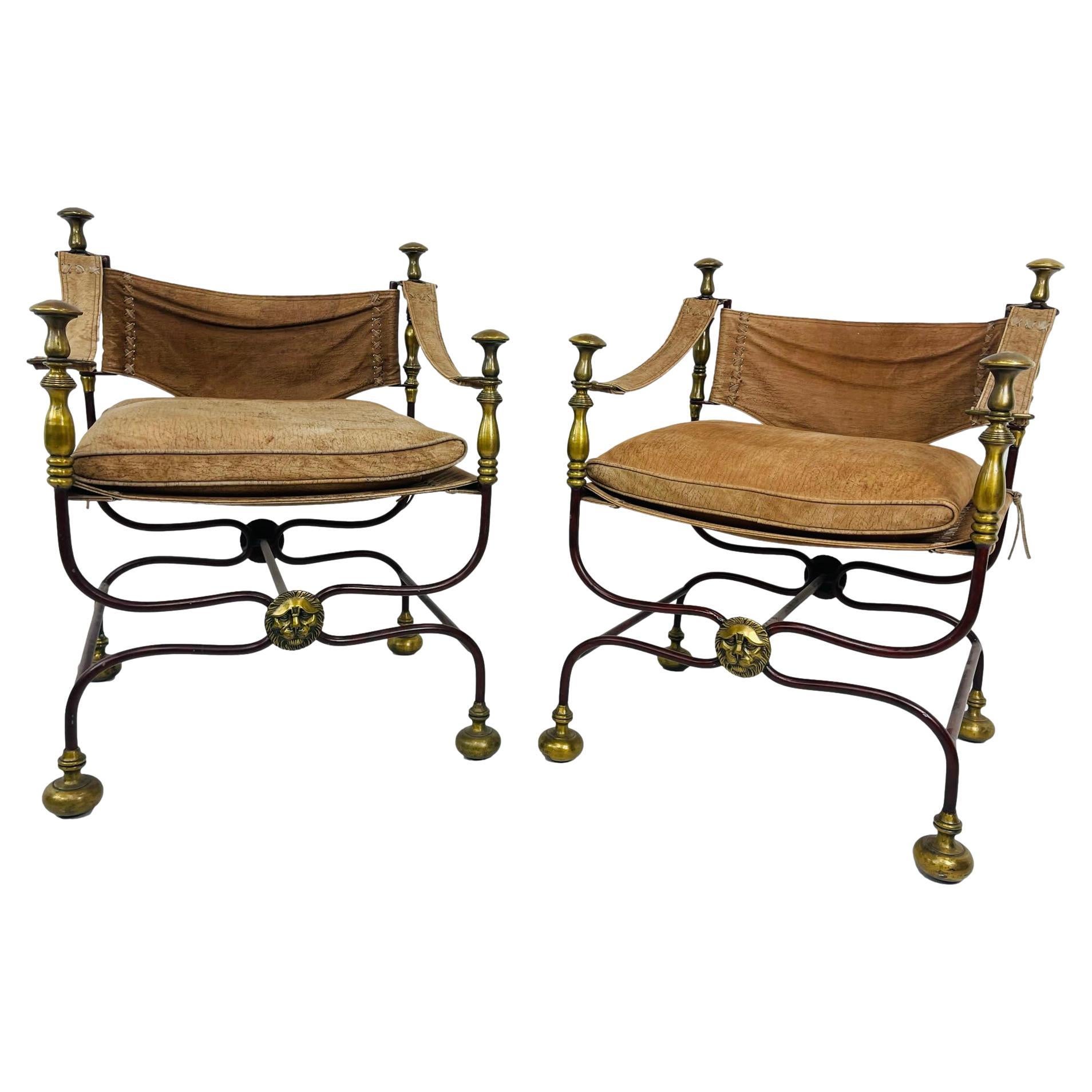 Pair of Antique Italian Leather and Iron Campaign Chairs For Sale