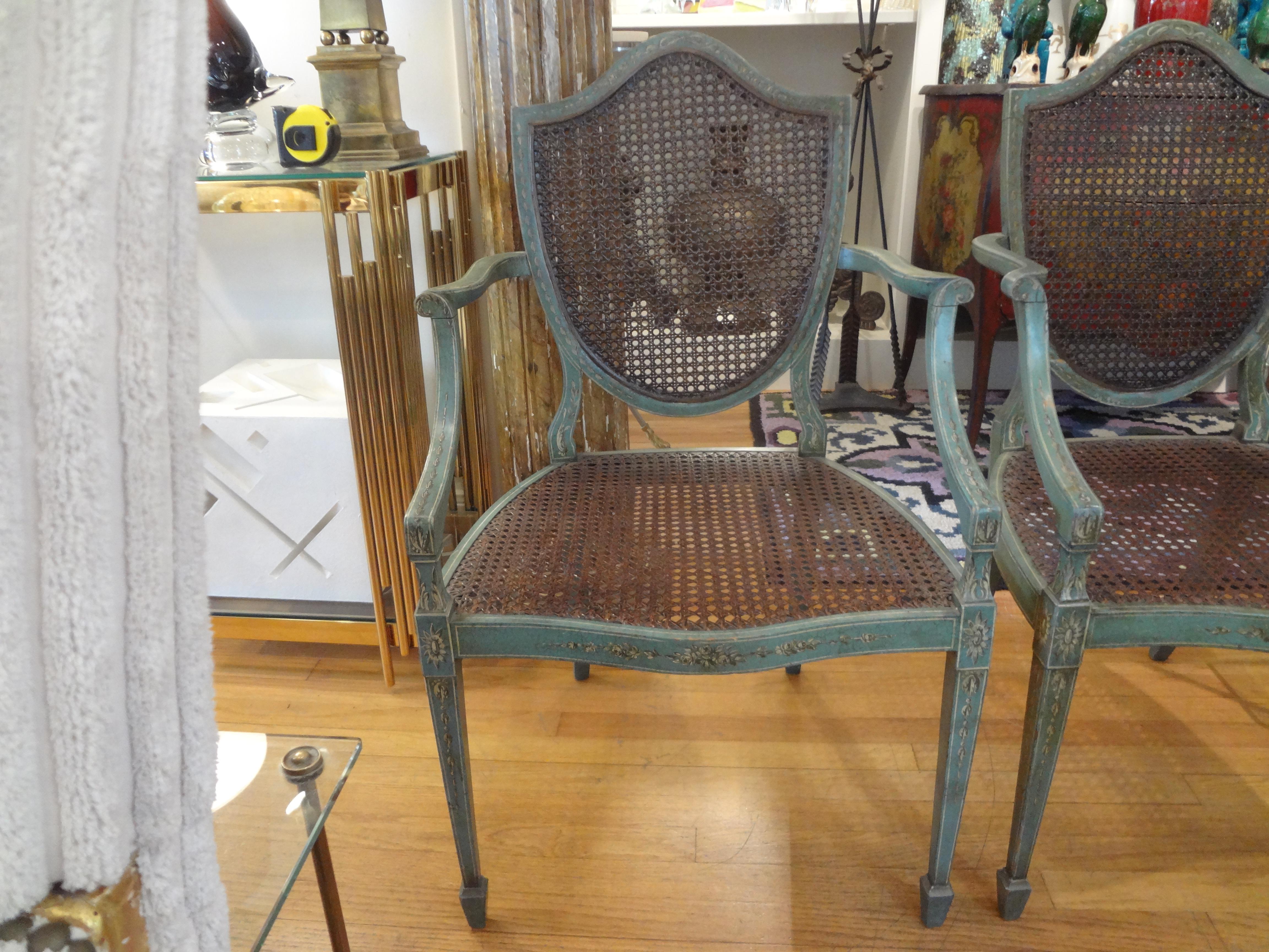 Pair of Antique Italian Louis XVI Style Painted Shield Back Chairs In Good Condition In Houston, TX