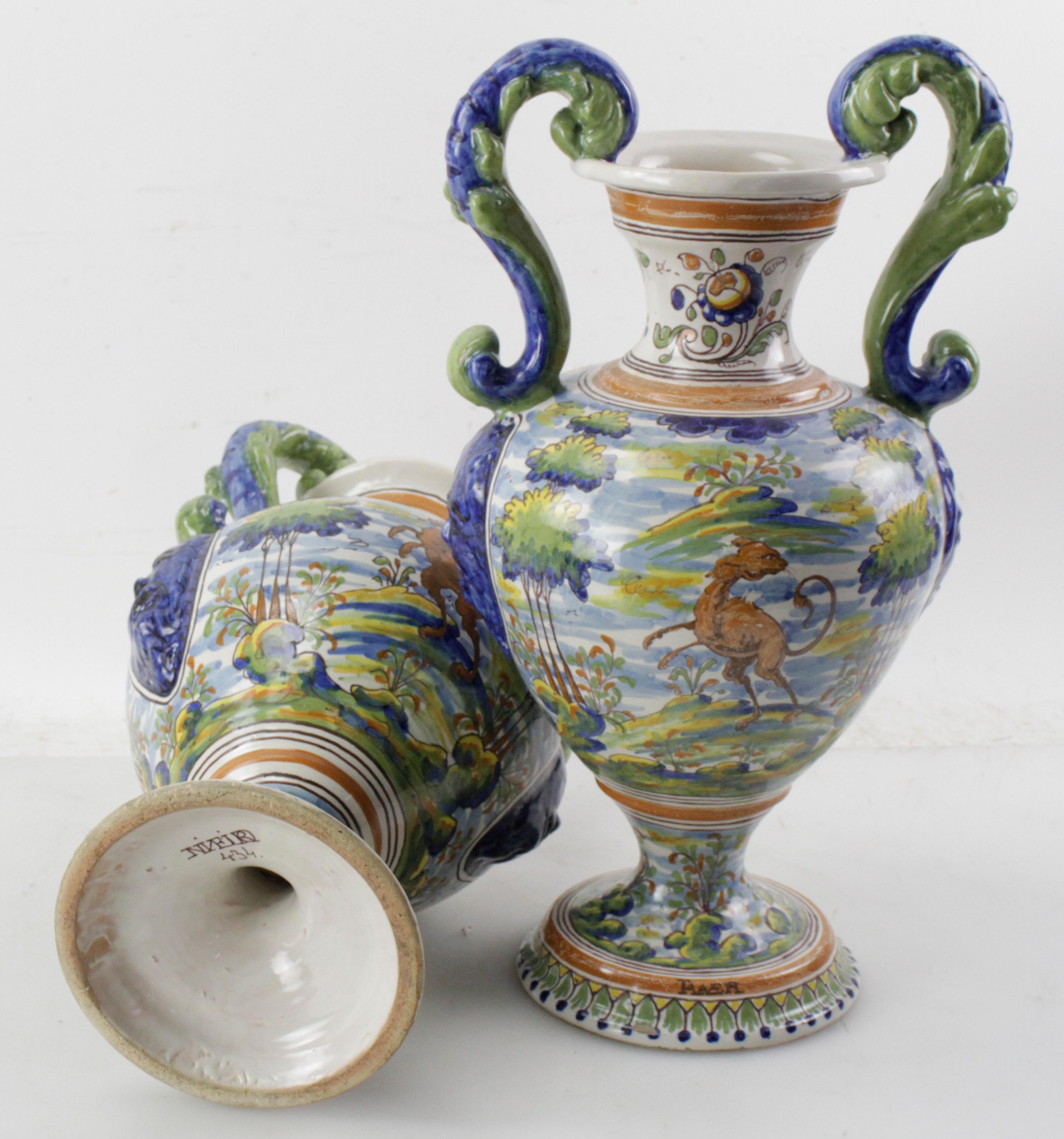 Pair of Antique Italian Majolica Italian Blue and Green Two Handled Urns  For Sale 4