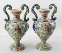 Pair of Antique Italian Majolica Italian Blue and Green Two Handled Urns